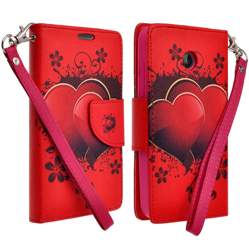Nokia Lumia 635 Case, Nokia Lumia 635 Wallet Case, Slim Flip Folio [Kickstand] Pu Leather Wallet Case with ID & Card Slots & Pocket   Wrist Strap - Red Hearts