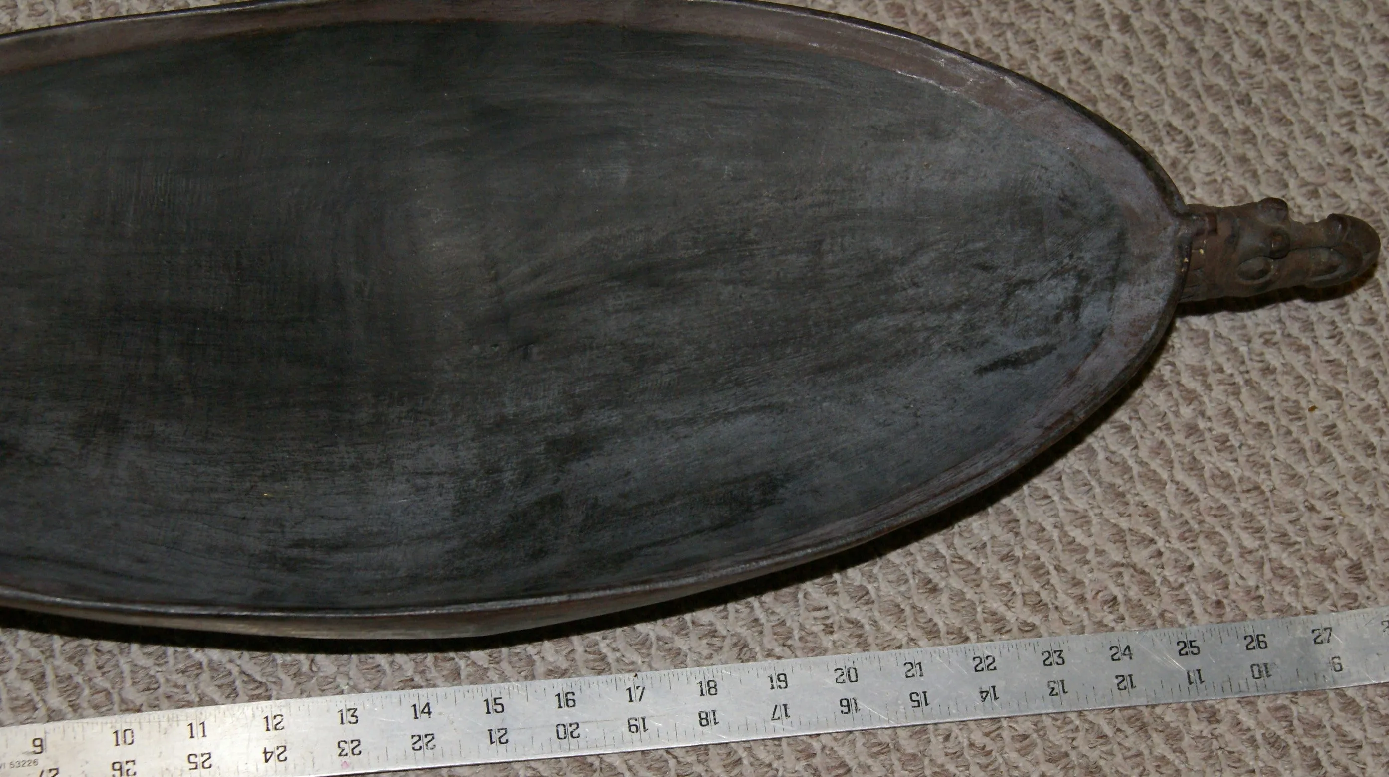 Old Unique Sing-Sing Festival Ceremonial Hand Carved Wooden Bowl, Large Platter to serve Betel, Lime, Sago & Grub during Initiations, Rites of passage, Wars victories, Weddings, 28" Long, Ramu River, Papua New Guinea. Item 60A7. Late 20th C.