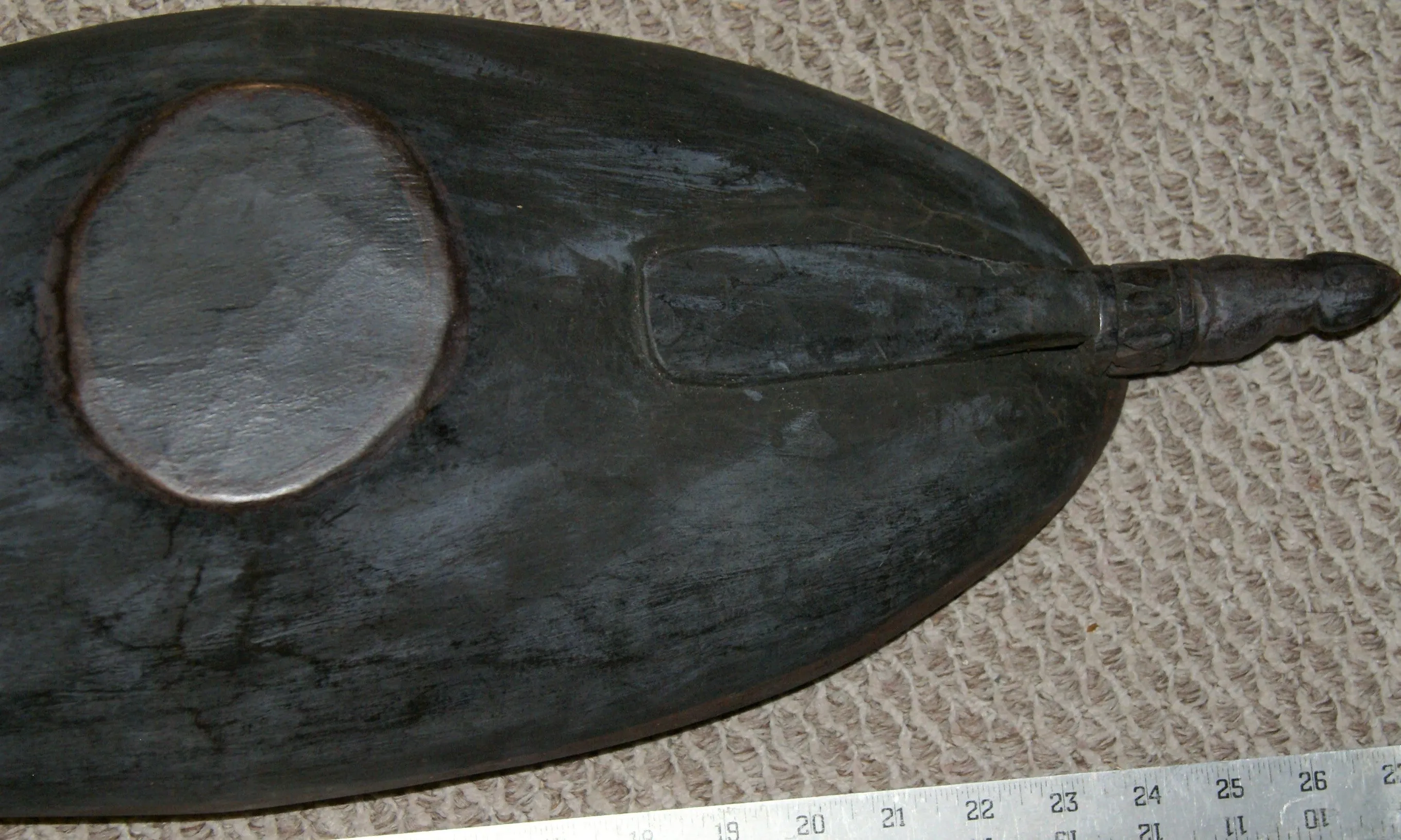 Old Unique Sing-Sing Festival Ceremonial Hand Carved Wooden Bowl, Large Platter to serve Betel, Lime, Sago & Grub during Initiations, Rites of passage, Wars victories, Weddings, 28" Long, Ramu River, Papua New Guinea. Item 60A7. Late 20th C.