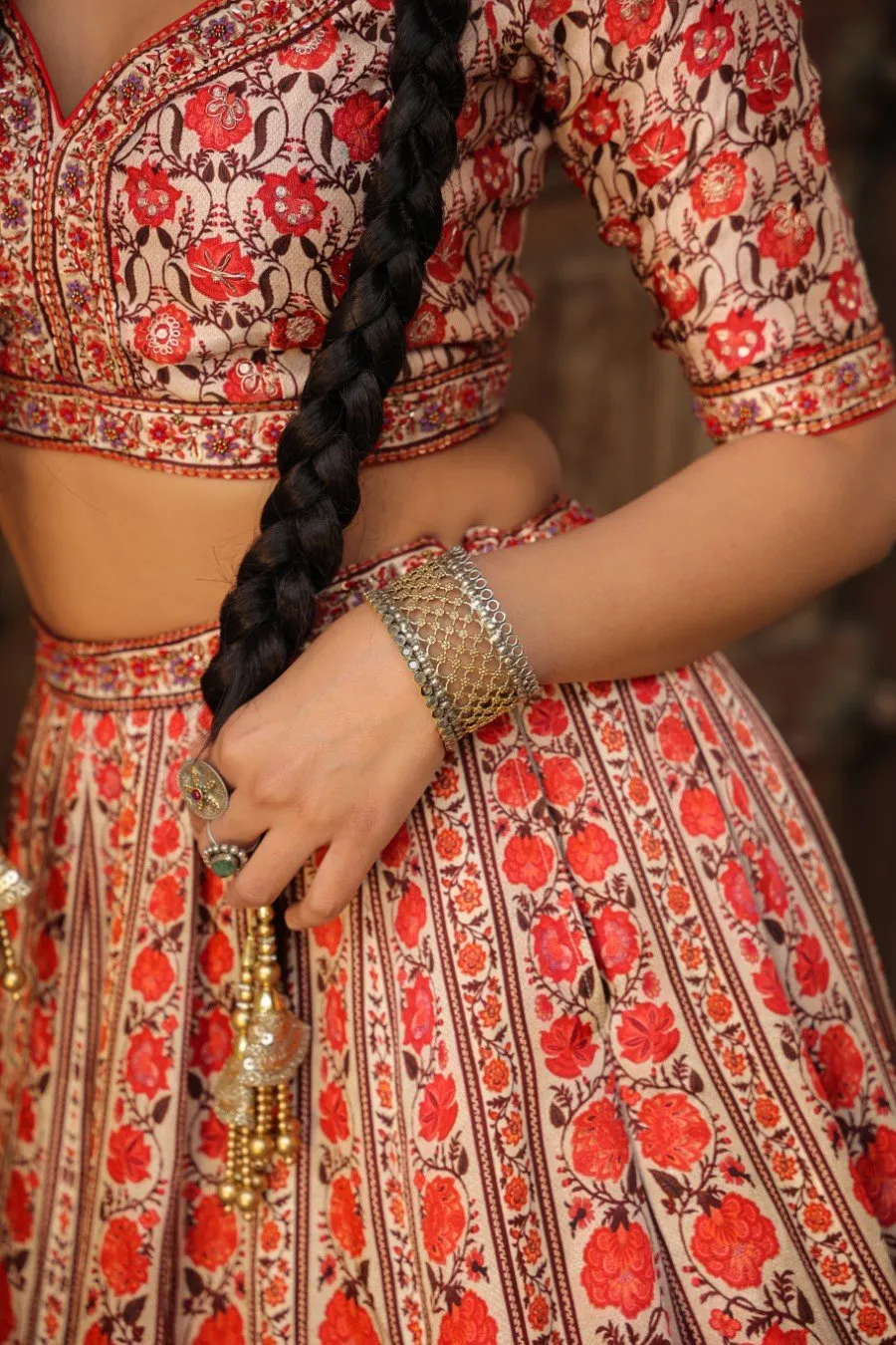 Pink Floral Raw Silk Lehenga Set
