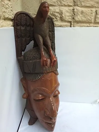 Rare & Unique Mahagany Wood Fulani Mask With Eagle From Guinea 24x8 in