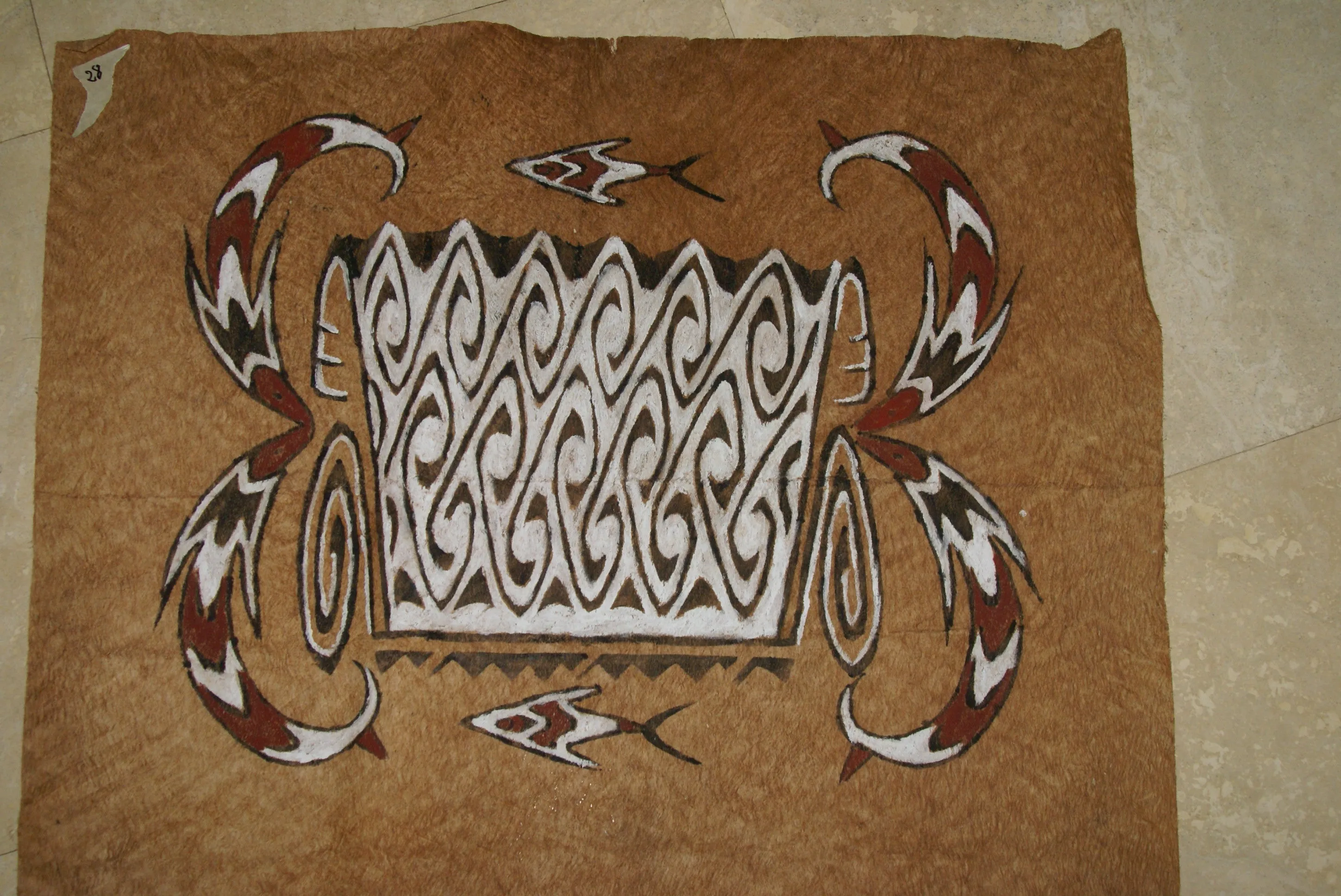 Rare Maro Tapa loin Bark Cloth (Kapa in Hawaii), from Lake Sentani, Irian Jaya, Papua New Guinea. Hand painted by a Tribal Artist with natural pigments: Spiritual Stylized Fish Motifs & swordfish 29" x 26" (no 4)
