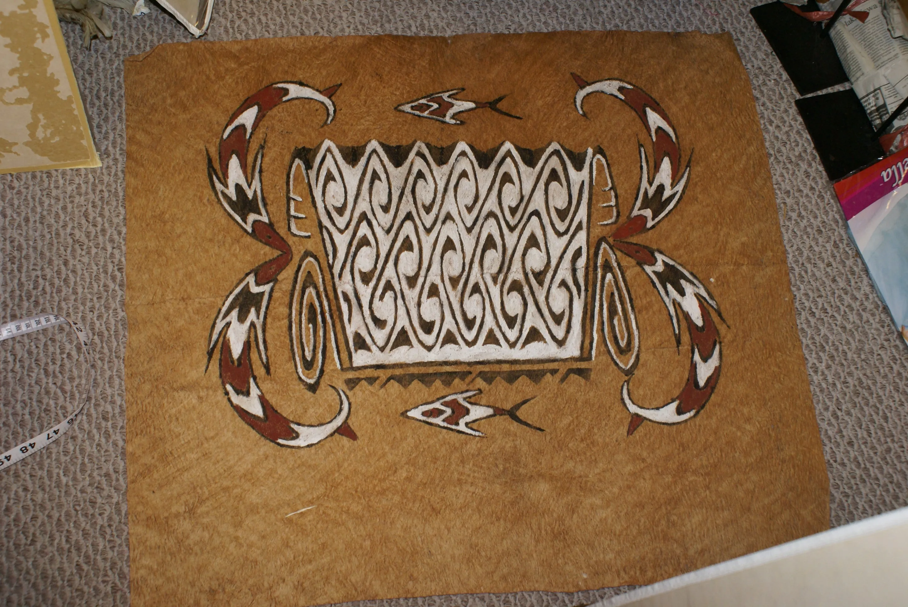 Rare Maro Tapa loin Bark Cloth (Kapa in Hawaii), from Lake Sentani, Irian Jaya, Papua New Guinea. Hand painted by a Tribal Artist with natural pigments: Spiritual Stylized Fish Motifs & swordfish 29" x 26" (no 4)