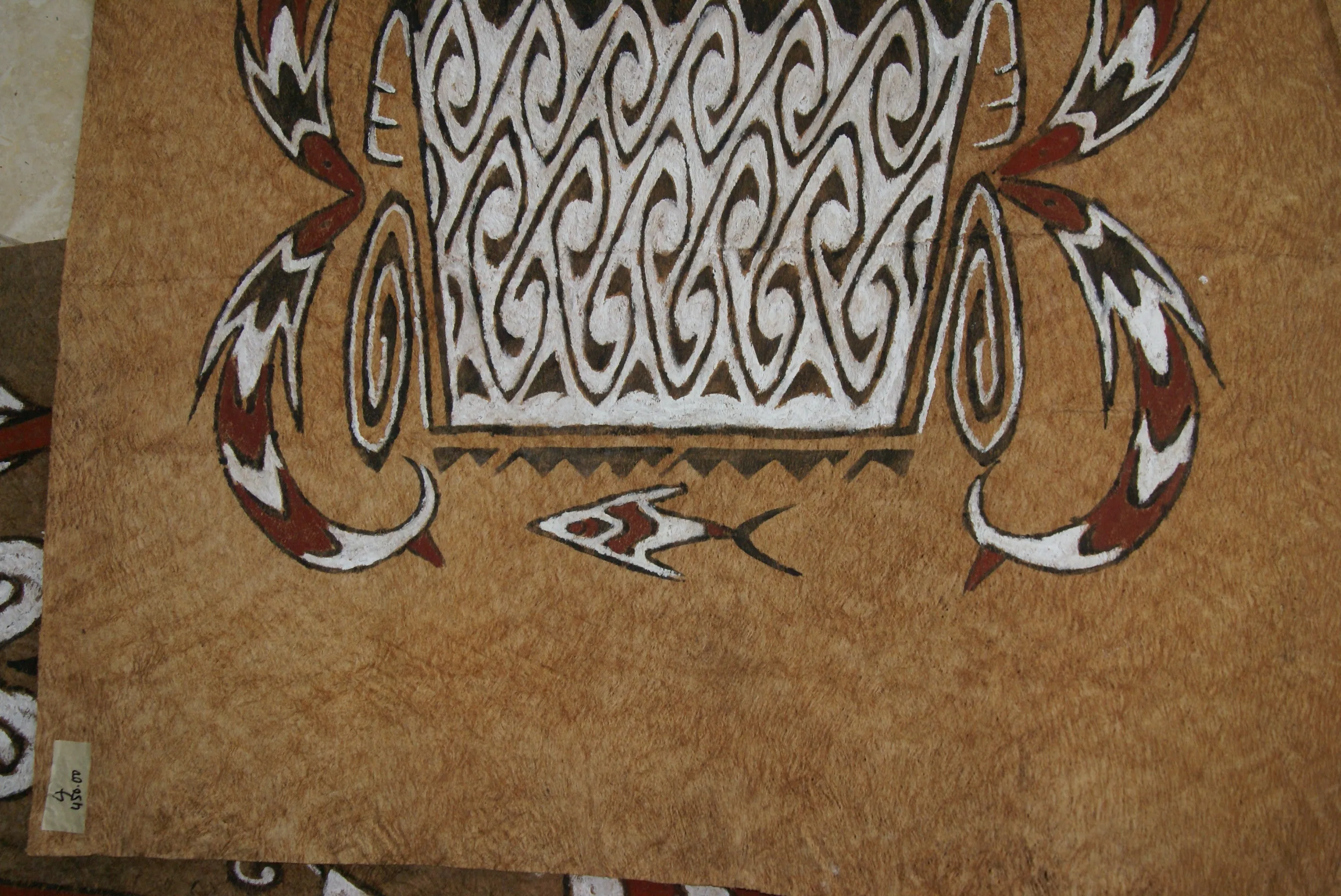 Rare Maro Tapa loin Bark Cloth (Kapa in Hawaii), from Lake Sentani, Irian Jaya, Papua New Guinea. Hand painted by a Tribal Artist with natural pigments: Spiritual Stylized Fish Motifs & swordfish 29" x 26" (no 4)