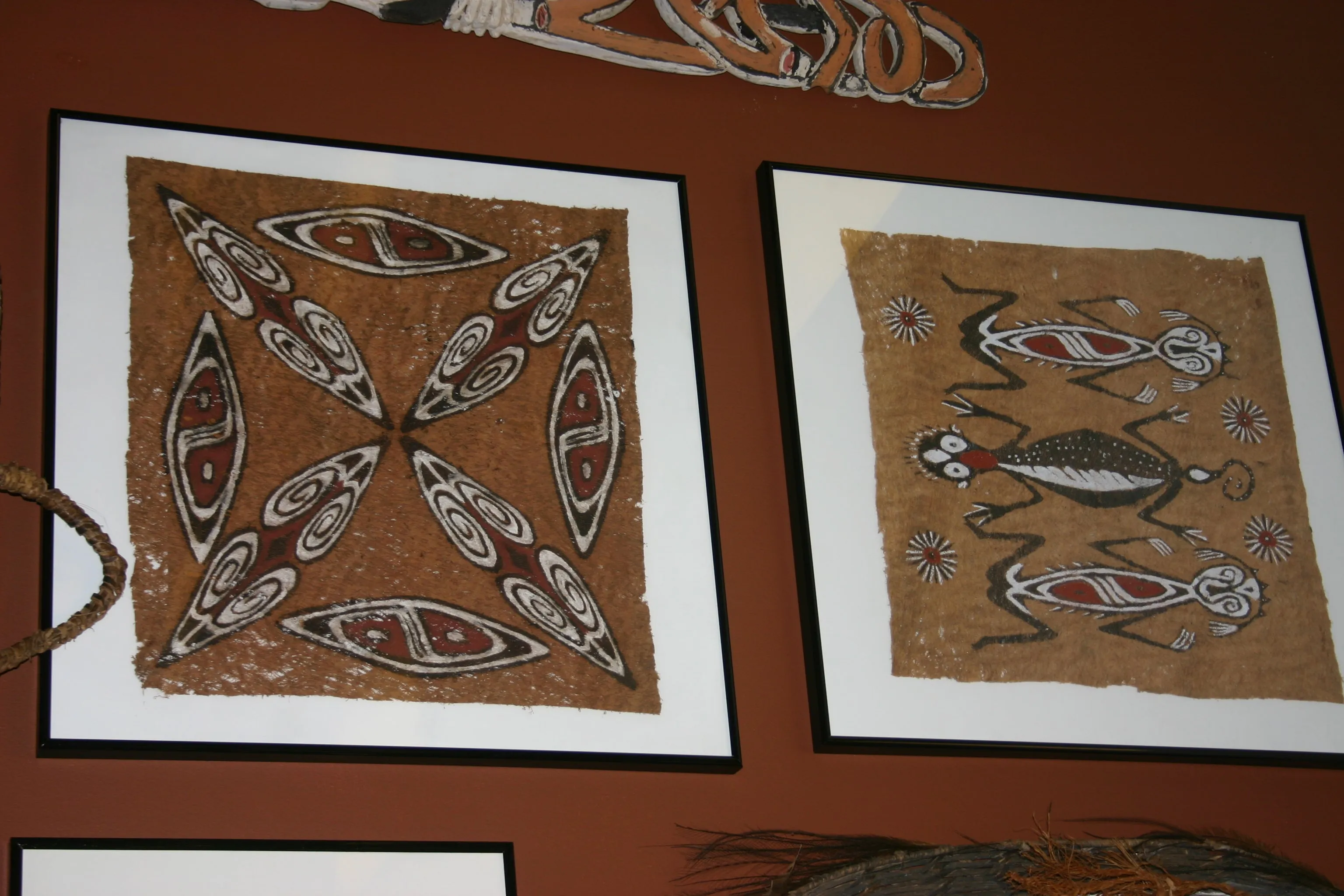 Rare Maro Tapa loin Bark Cloth (Kapa in Hawaii), from Lake Sentani, Irian Jaya, Papua New Guinea. Hand painted by a Tribal Artist with natural pigments: Spiritual Stylized Fish Motifs & swordfish 29" x 26" (no 4)