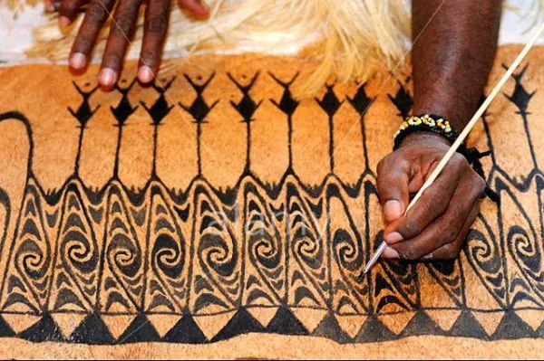 Rare Maro Tapa loin Bark Cloth (Kapa in Hawaii), from Lake Sentani, Irian Jaya, Papua New Guinea. Hand painted by a Tribal Artist with natural pigments: Spiritual Stylized Fish Motifs & swordfish 29" x 26" (no 4)
