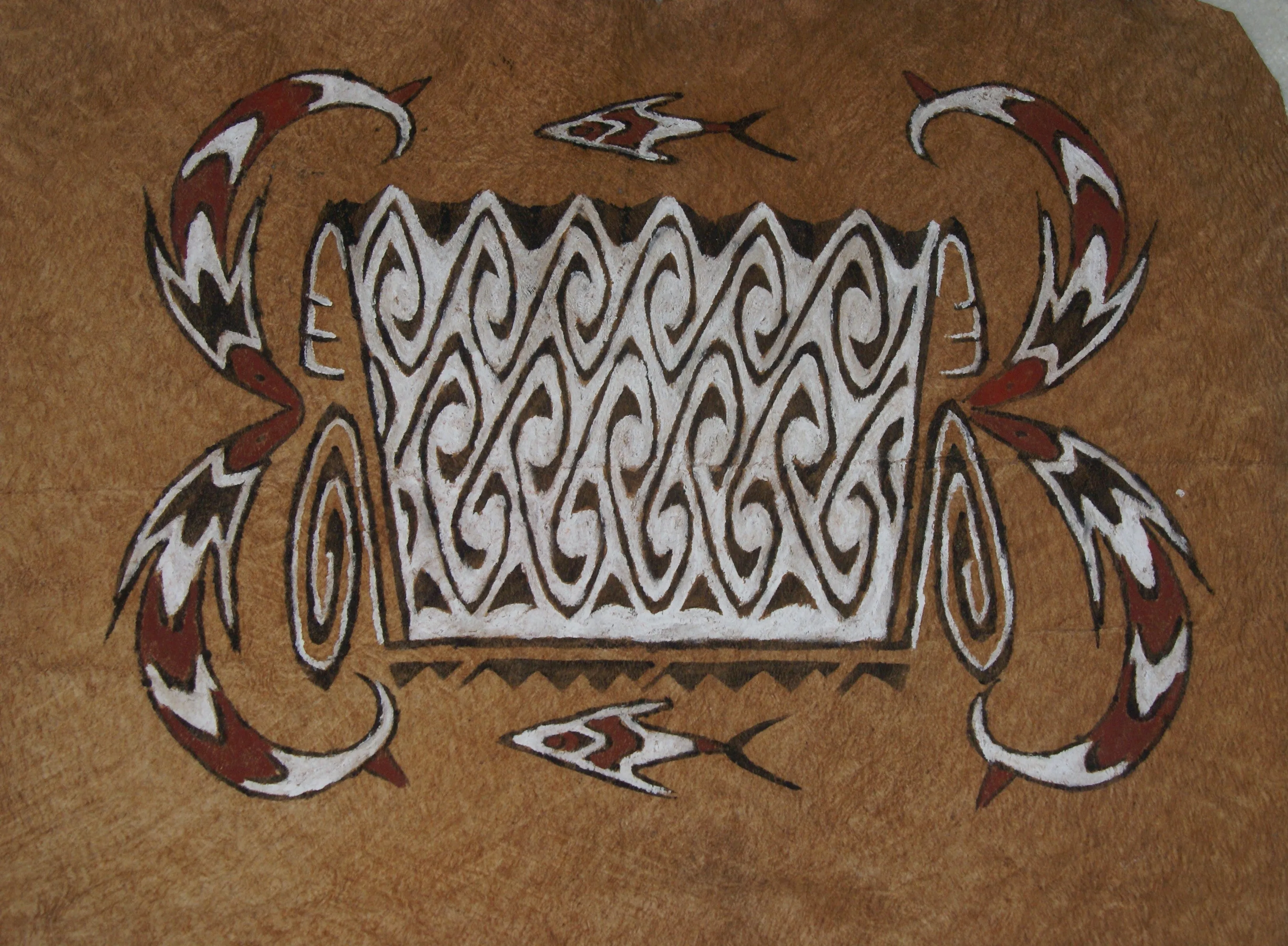 Rare Maro Tapa loin Bark Cloth (Kapa in Hawaii), from Lake Sentani, Irian Jaya, Papua New Guinea. Hand painted by a Tribal Artist with natural pigments: Spiritual Stylized Fish Motifs & swordfish 29" x 26" (no 4)