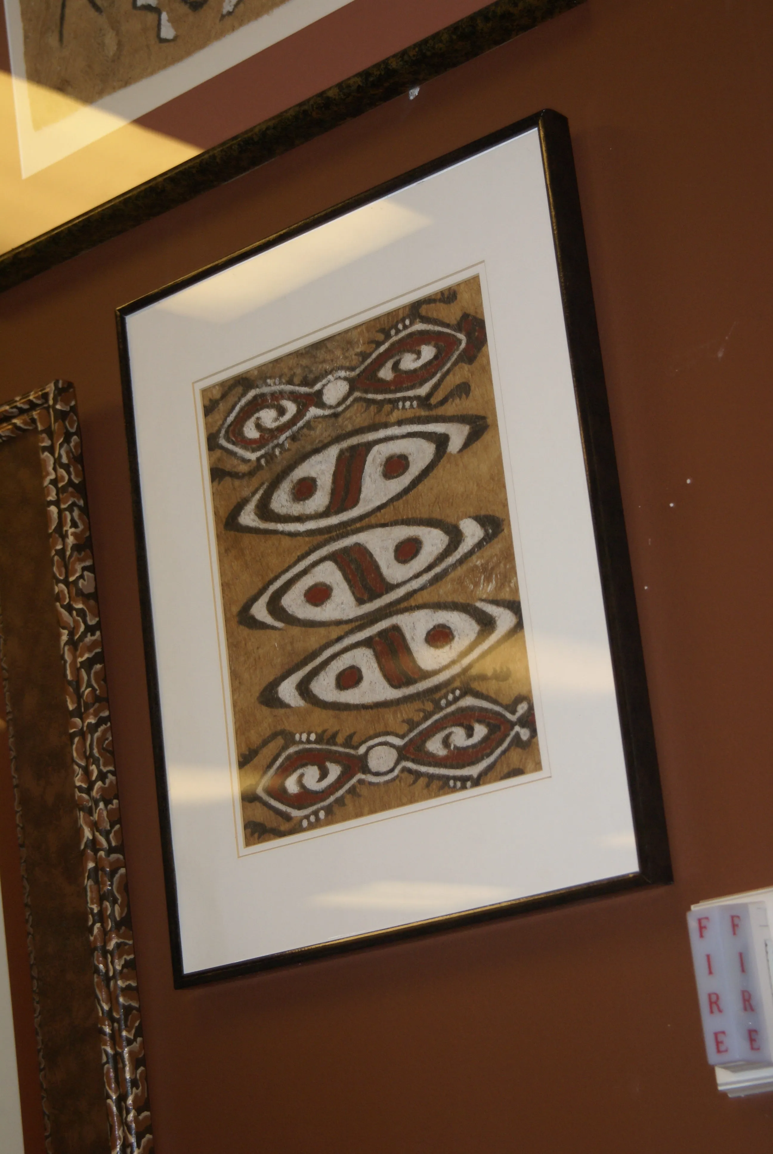 Rare Maro Tapa loin Bark Cloth (Kapa in Hawaii), from Lake Sentani, Irian Jaya, Papua New Guinea. Hand painted by a Tribal Artist with natural pigments: Spiritual Stylized Fish Motifs & swordfish 29" x 26" (no 4)