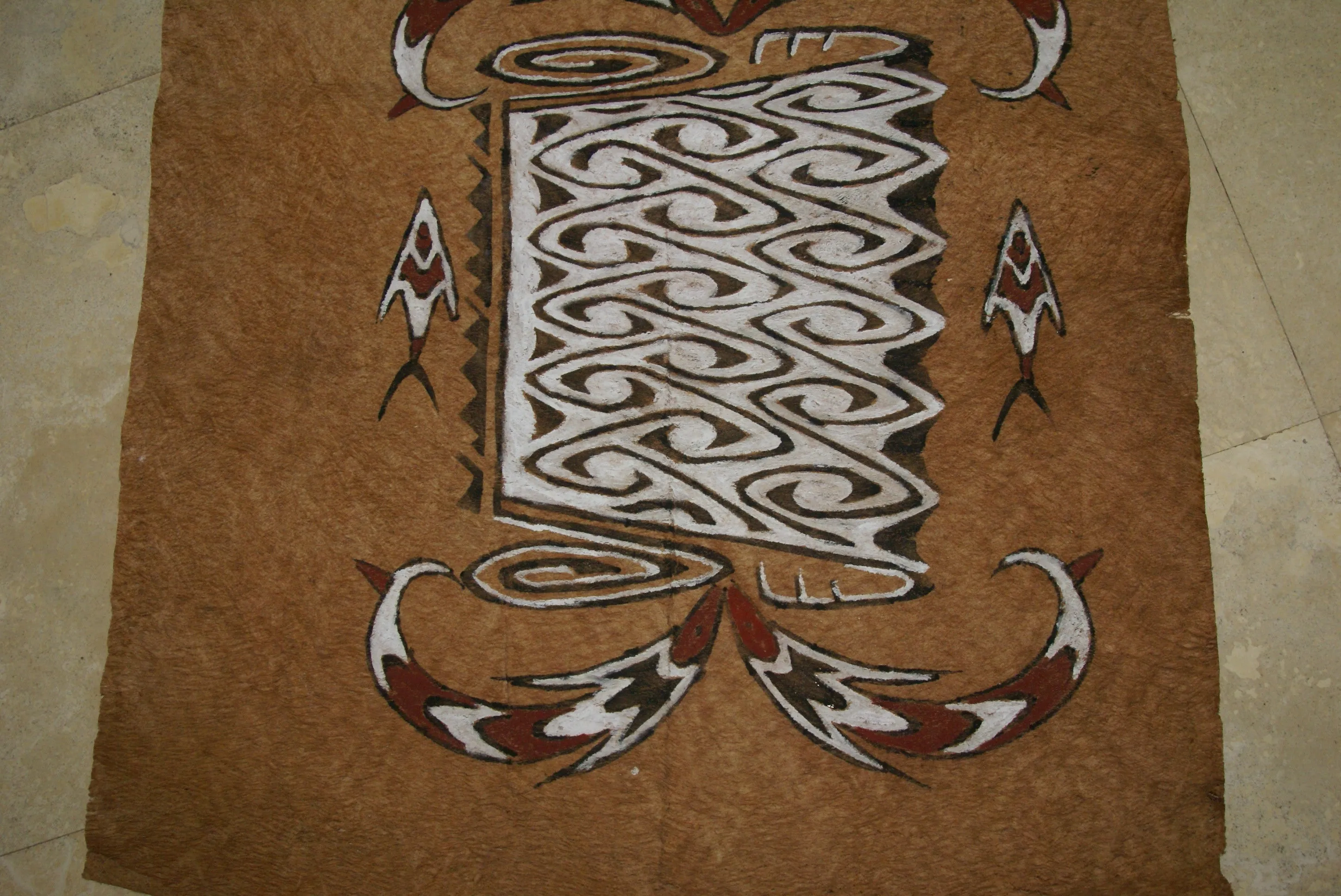 Rare Maro Tapa loin Bark Cloth (Kapa in Hawaii), from Lake Sentani, Irian Jaya, Papua New Guinea. Hand painted by a Tribal Artist with natural pigments: Spiritual Stylized Fish Motifs & swordfish 29" x 26" (no 4)