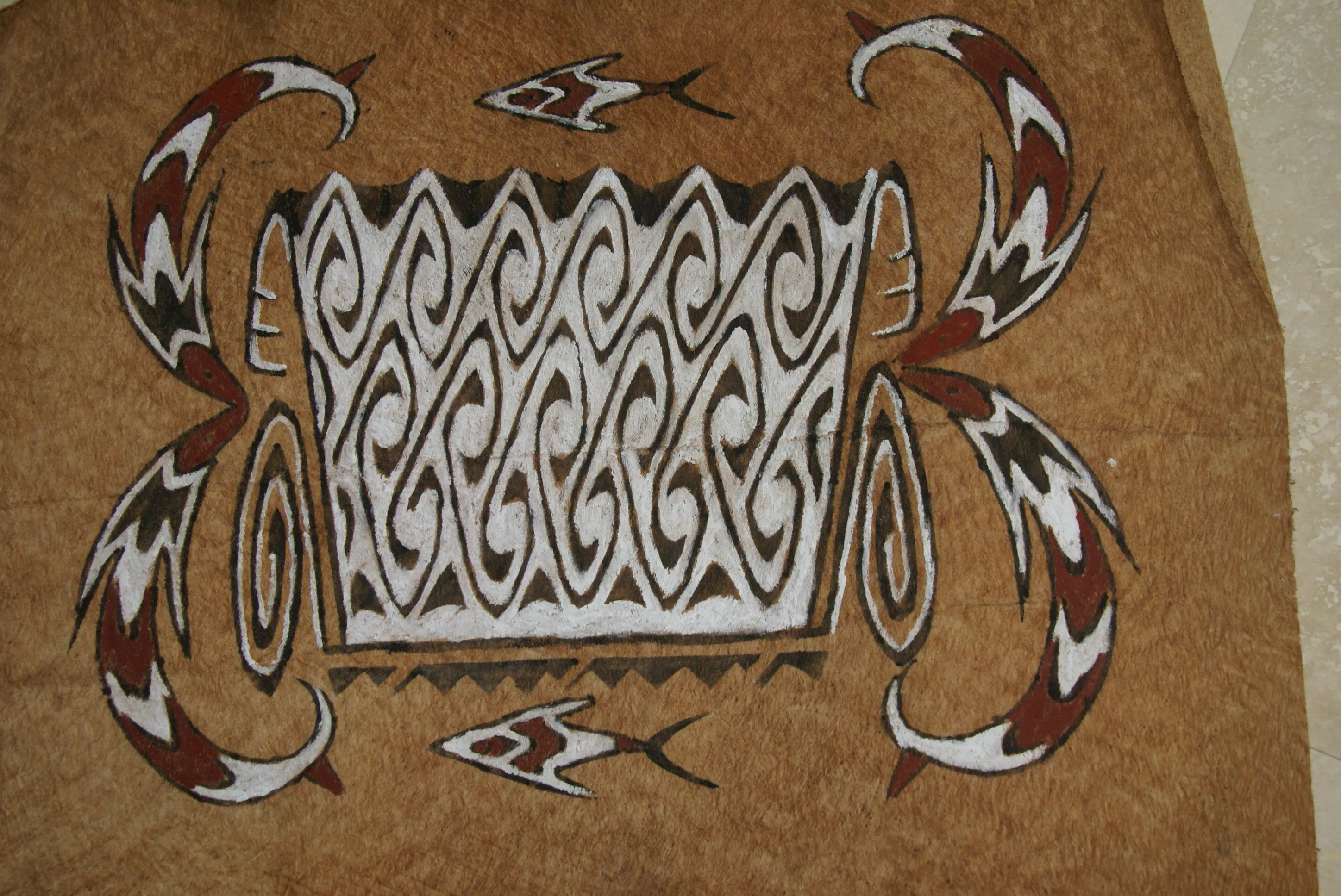 Rare Maro Tapa loin Bark Cloth (Kapa in Hawaii), from Lake Sentani, Irian Jaya, Papua New Guinea. Hand painted by a Tribal Artist with natural pigments: Spiritual Stylized Fish Motifs & swordfish 29" x 26" (no 4)