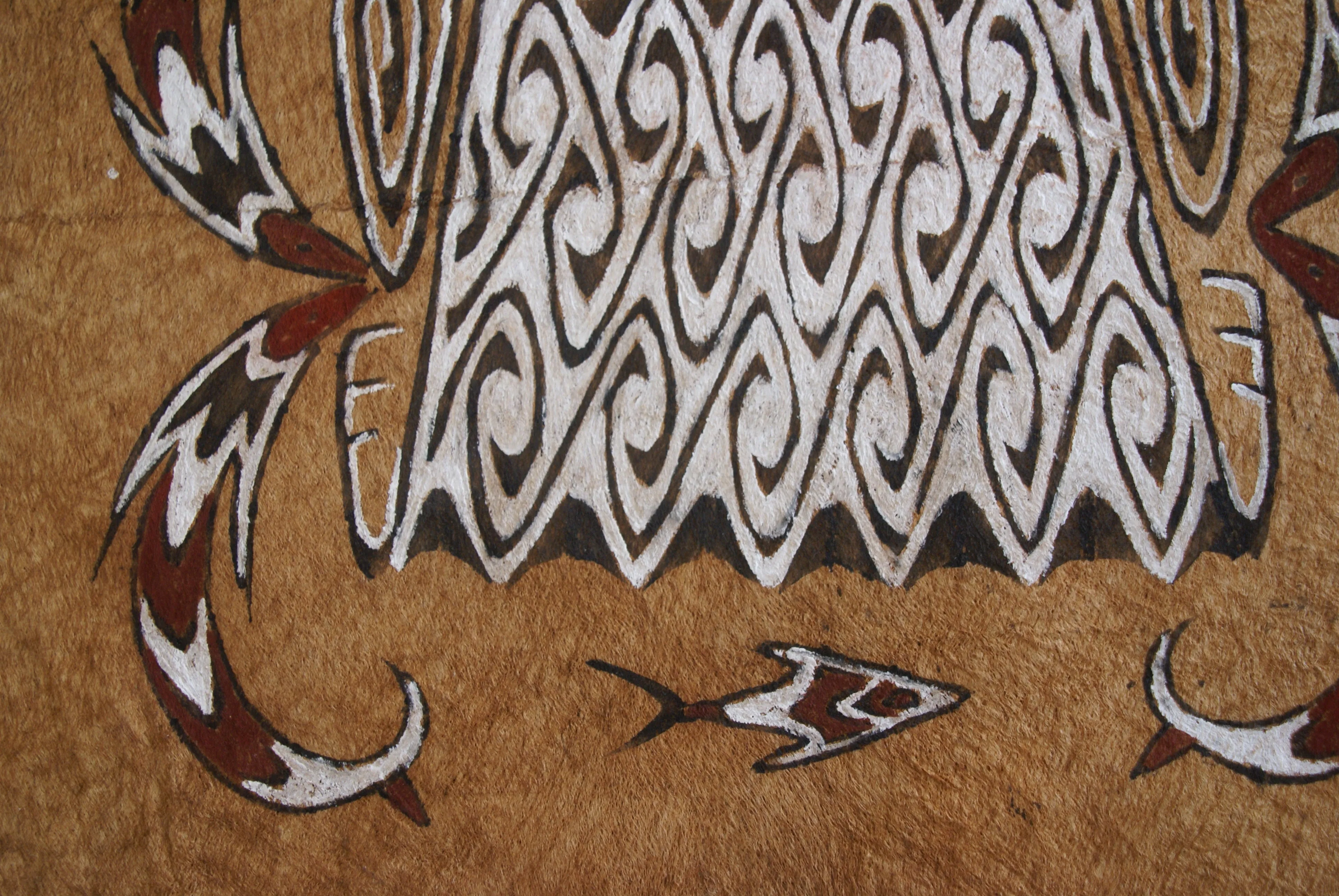 Rare Maro Tapa loin Bark Cloth (Kapa in Hawaii), from Lake Sentani, Irian Jaya, Papua New Guinea. Hand painted by a Tribal Artist with natural pigments: Spiritual Stylized Fish Motifs & swordfish 29" x 26" (no 4)