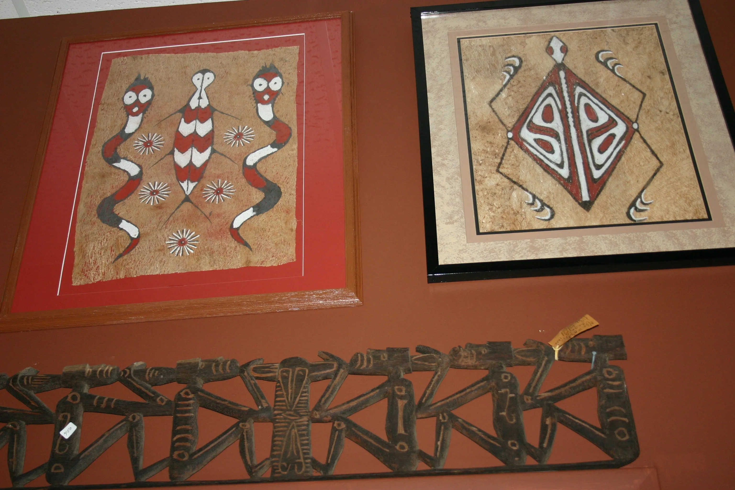 Rare Maro Tapa loin Bark Cloth (Kapa in Hawaii), from Lake Sentani, Irian Jaya, Papua New Guinea. Hand painted by a Tribal Artist with natural pigments: Spiritual Stylized Fish Motifs & swordfish 29" x 26" (no 4)