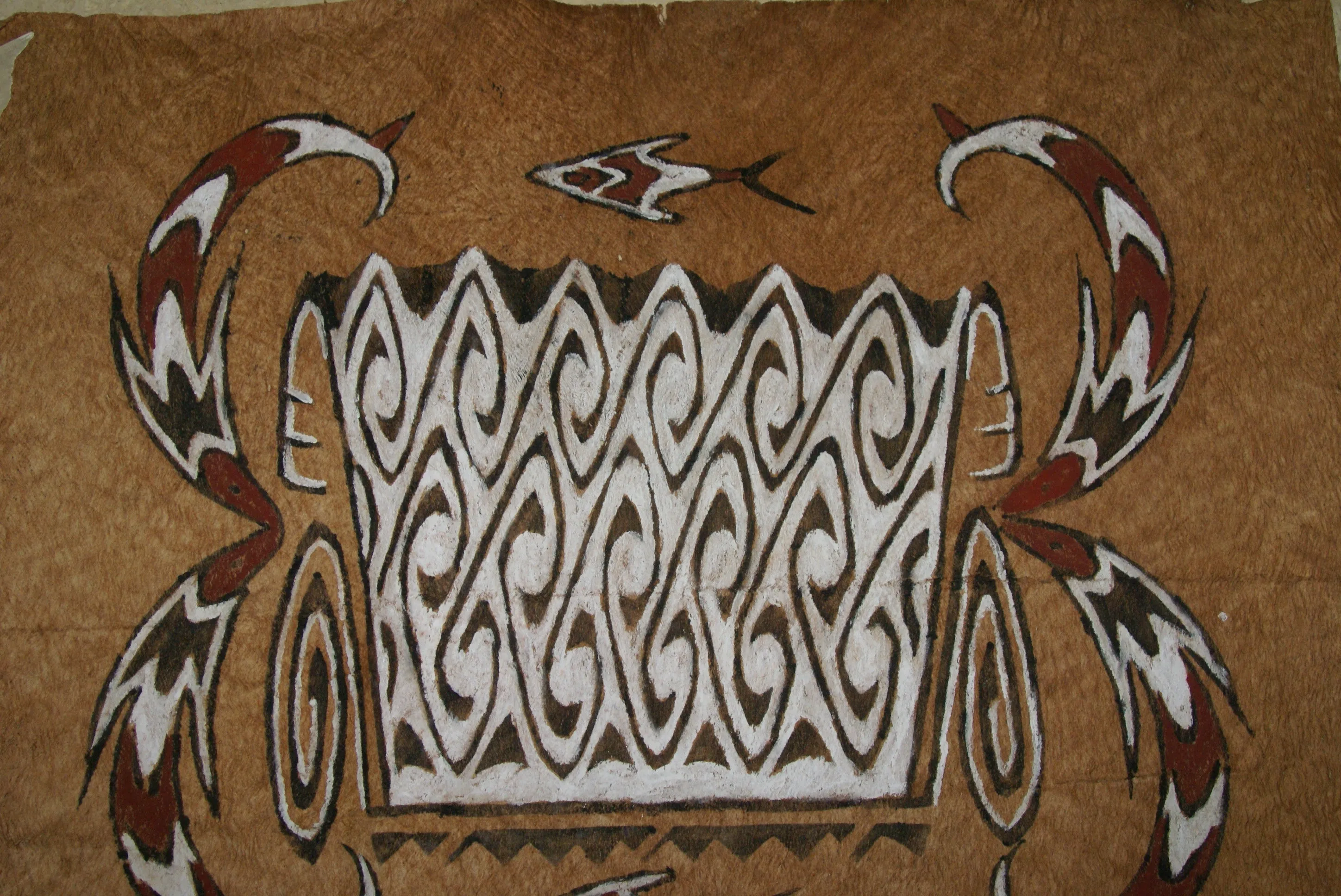 Rare Maro Tapa loin Bark Cloth (Kapa in Hawaii), from Lake Sentani, Irian Jaya, Papua New Guinea. Hand painted by a Tribal Artist with natural pigments: Spiritual Stylized Fish Motifs & swordfish 29" x 26" (no 4)