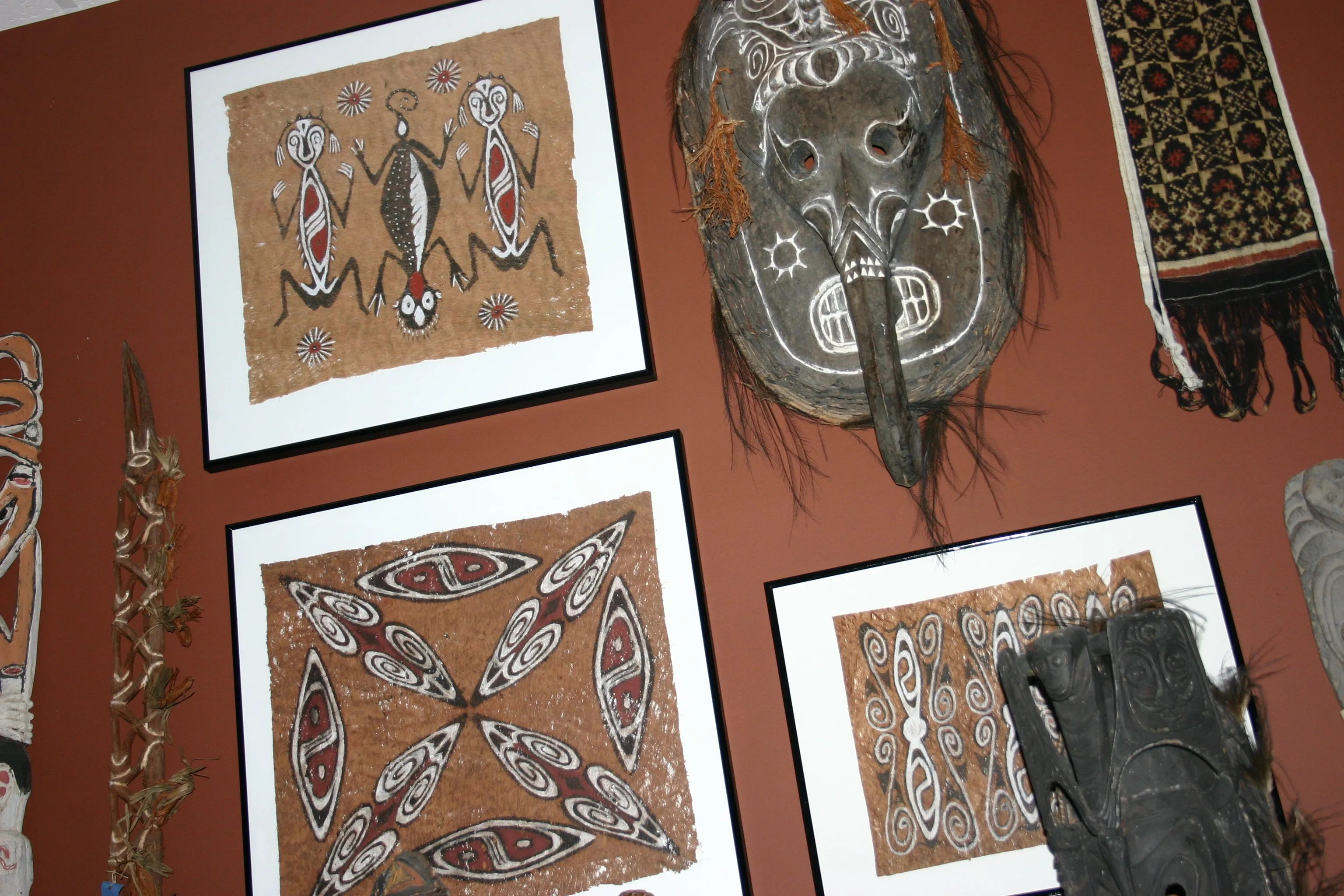 Rare Maro Tapa loin Bark Cloth (Kapa in Hawaii), from Lake Sentani, Irian Jaya, Papua New Guinea. Hand painted by a Tribal Artist with natural pigments: Spiritual Stylized Fish Motifs & swordfish 29" x 26" (no 4)