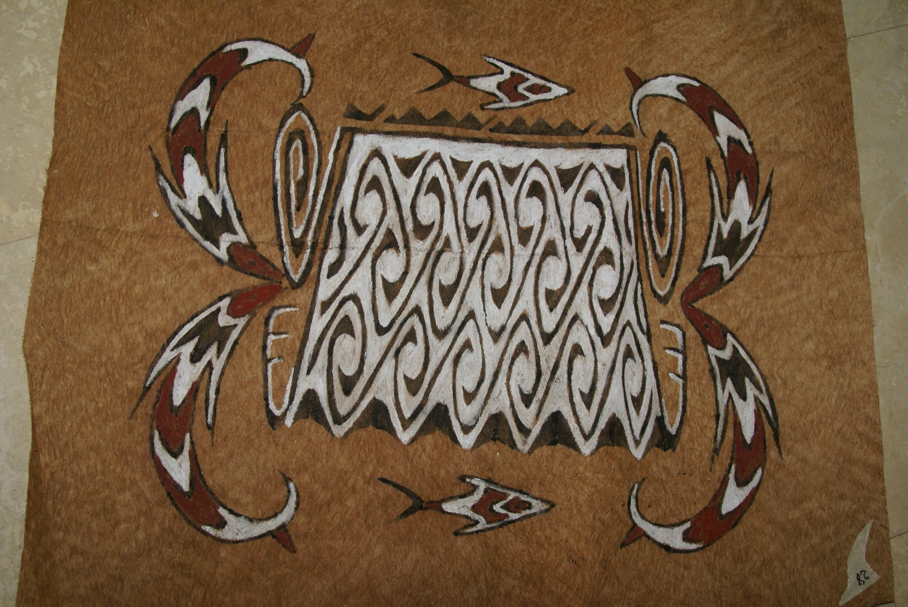 Rare Maro Tapa loin Bark Cloth (Kapa in Hawaii), from Lake Sentani, Irian Jaya, Papua New Guinea. Hand painted by a Tribal Artist with natural pigments: Spiritual Stylized Fish Motifs & swordfish 29" x 26" (no 4)