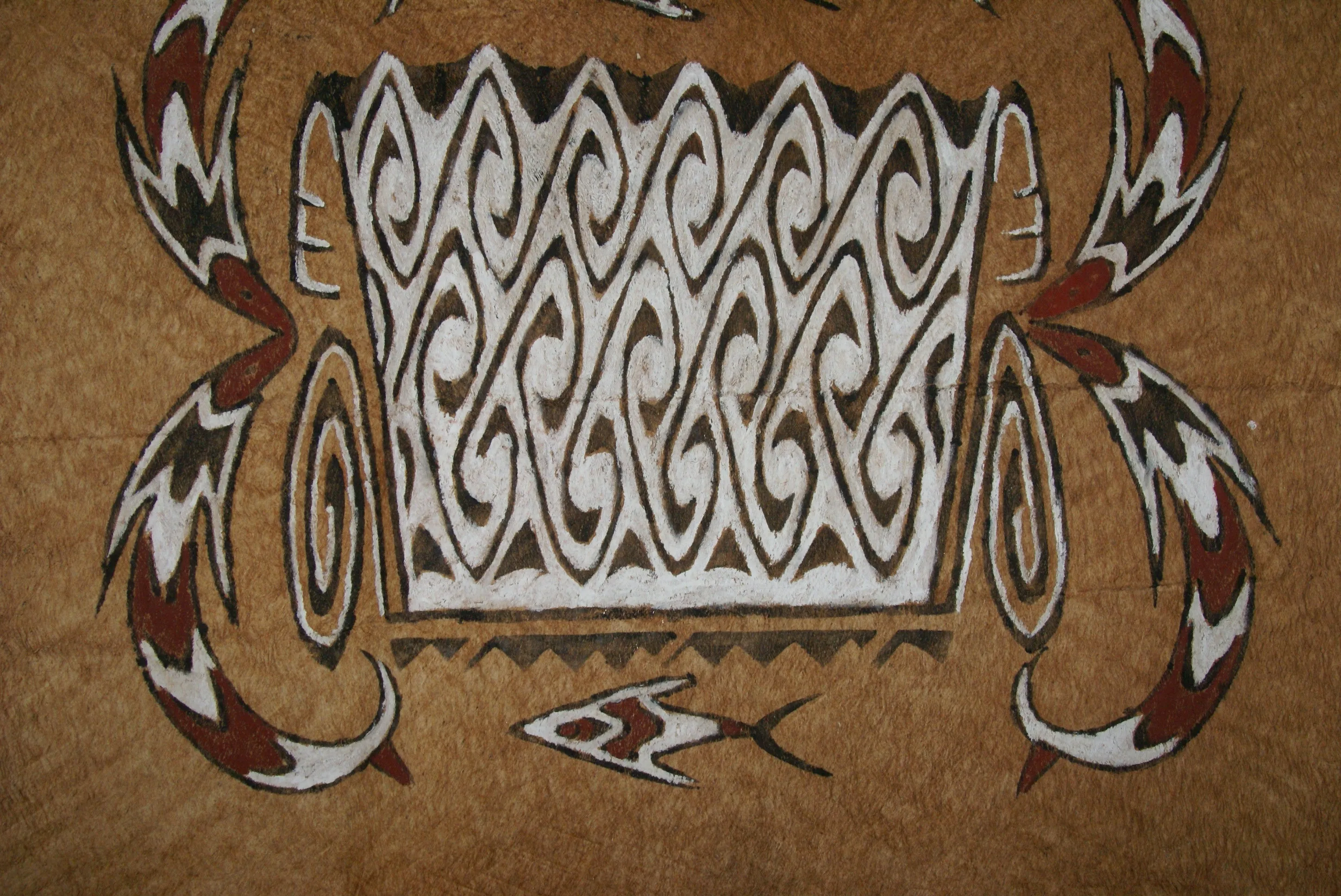 Rare Maro Tapa loin Bark Cloth (Kapa in Hawaii), from Lake Sentani, Irian Jaya, Papua New Guinea. Hand painted by a Tribal Artist with natural pigments: Spiritual Stylized Fish Motifs & swordfish 29" x 26" (no 4)