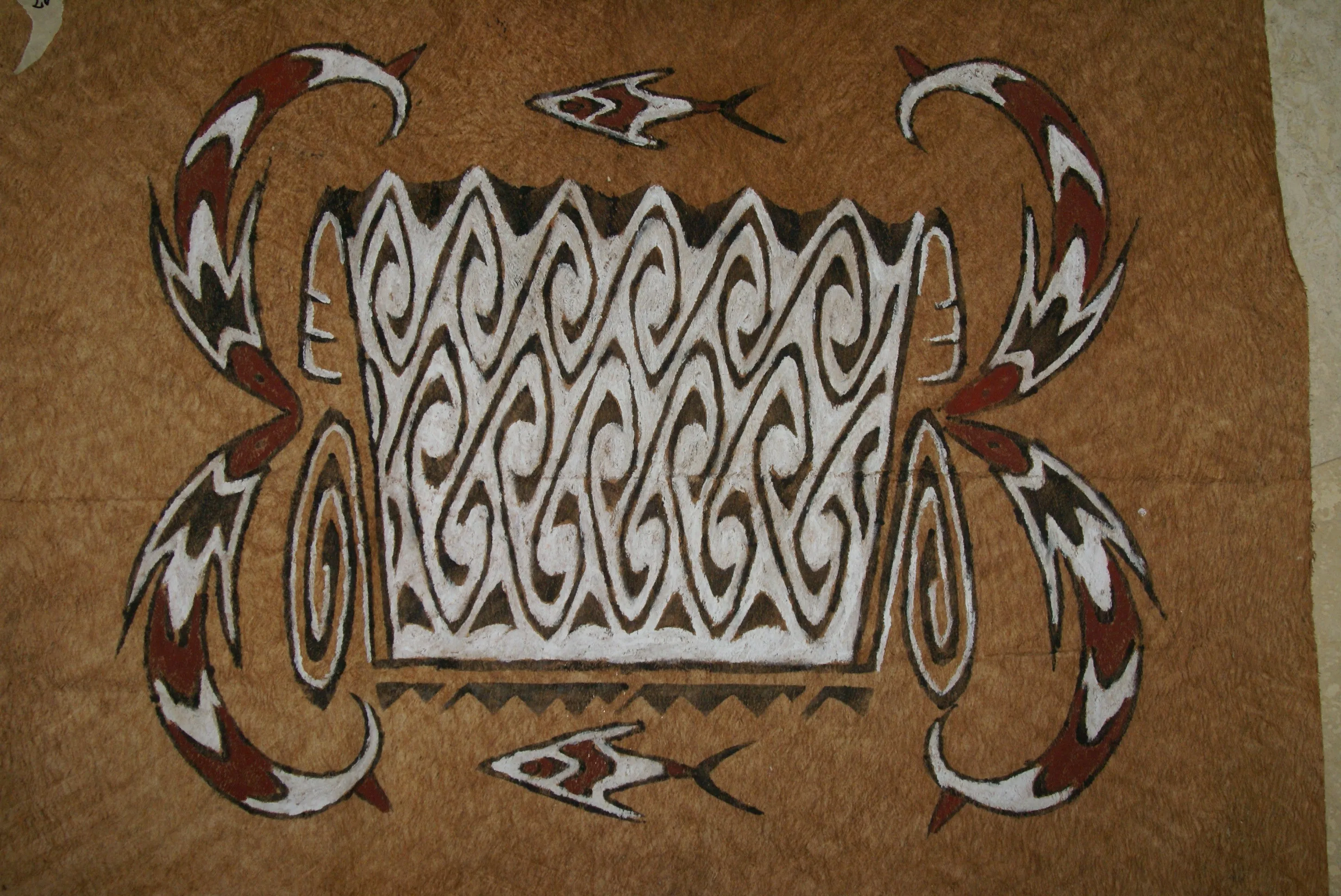 Rare Maro Tapa loin Bark Cloth (Kapa in Hawaii), from Lake Sentani, Irian Jaya, Papua New Guinea. Hand painted by a Tribal Artist with natural pigments: Spiritual Stylized Fish Motifs & swordfish 29" x 26" (no 4)