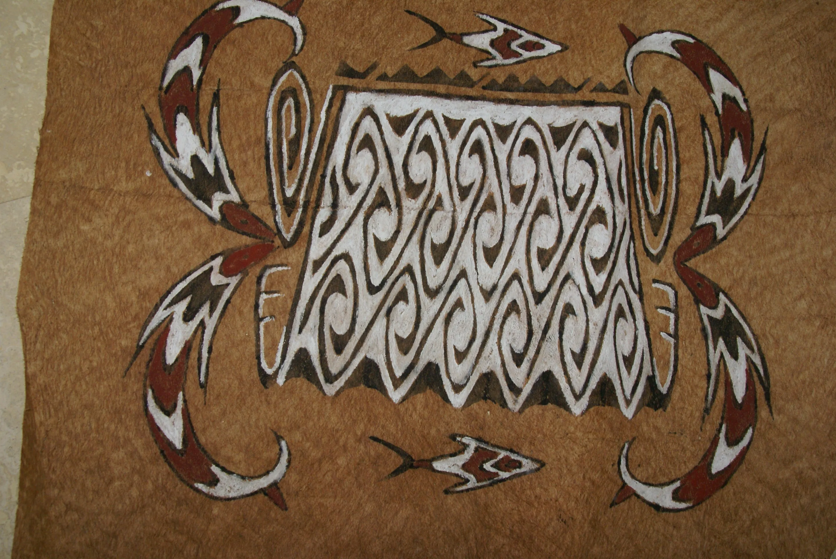 Rare Maro Tapa loin Bark Cloth (Kapa in Hawaii), from Lake Sentani, Irian Jaya, Papua New Guinea. Hand painted by a Tribal Artist with natural pigments: Spiritual Stylized Fish Motifs & swordfish 29" x 26" (no 4)