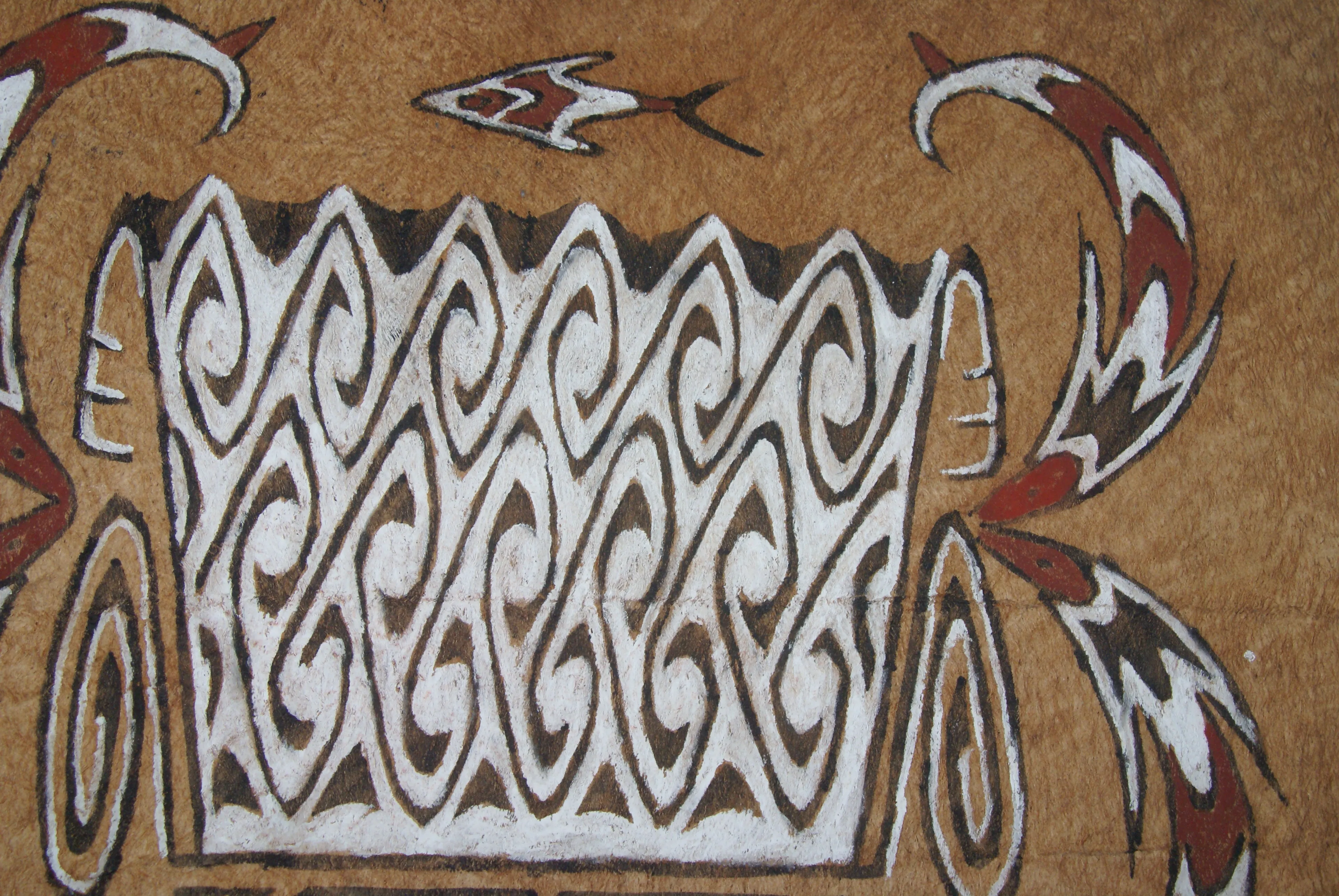 Rare Maro Tapa loin Bark Cloth (Kapa in Hawaii), from Lake Sentani, Irian Jaya, Papua New Guinea. Hand painted by a Tribal Artist with natural pigments: Spiritual Stylized Fish Motifs & swordfish 29" x 26" (no 4)