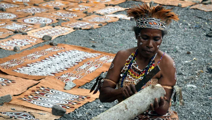 Rare Maro Tapa loin Bark Cloth (Kapa in Hawaii), from Lake Sentani, Irian Jaya, Papua New Guinea. Hand painted by a Tribal Artist with natural pigments: Spiritual Stylized Fish Motifs & swordfish 29" x 26" (no 4)