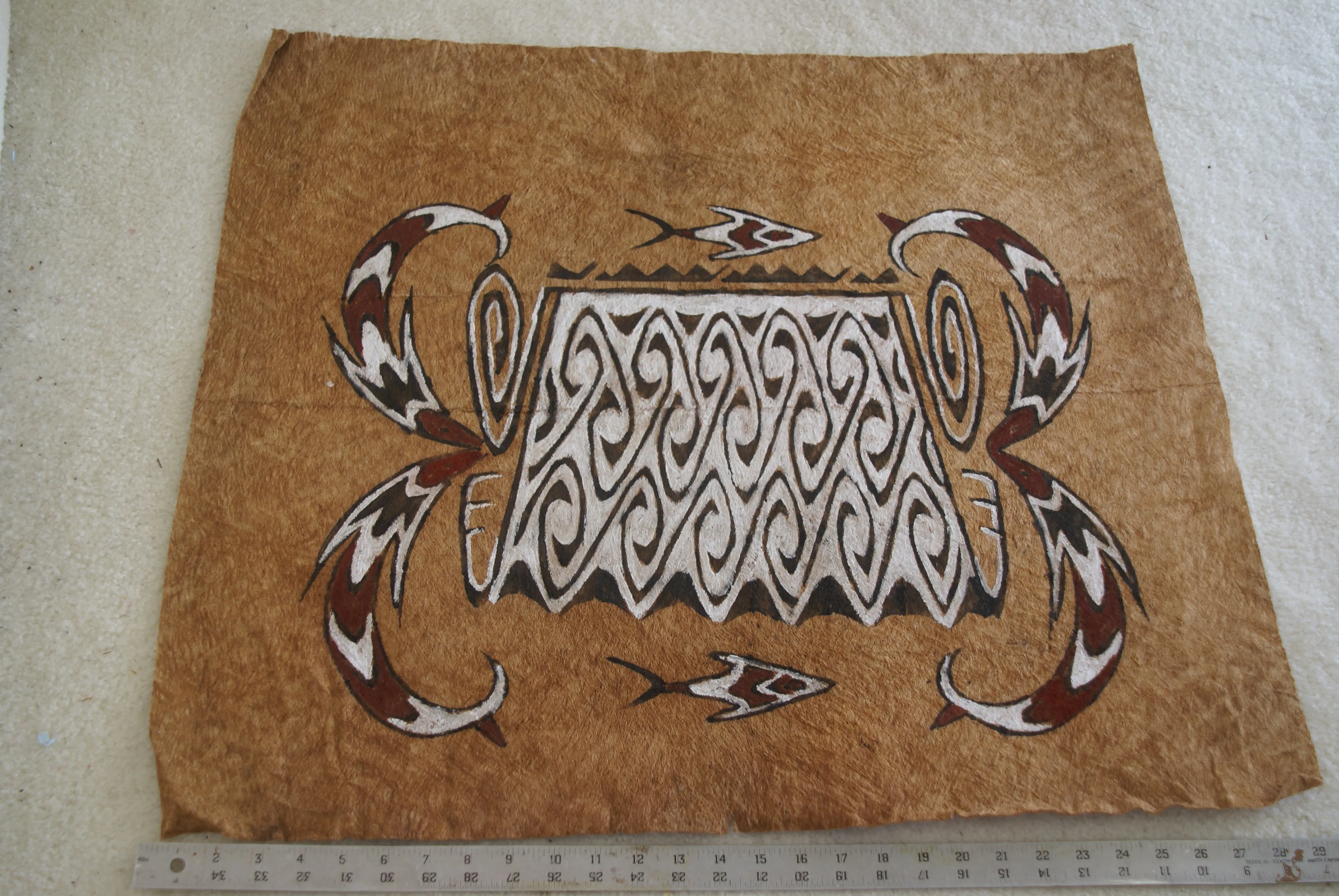 Rare Maro Tapa loin Bark Cloth (Kapa in Hawaii), from Lake Sentani, Irian Jaya, Papua New Guinea. Hand painted by a Tribal Artist with natural pigments: Spiritual Stylized Fish Motifs & swordfish 29" x 26" (no 4)