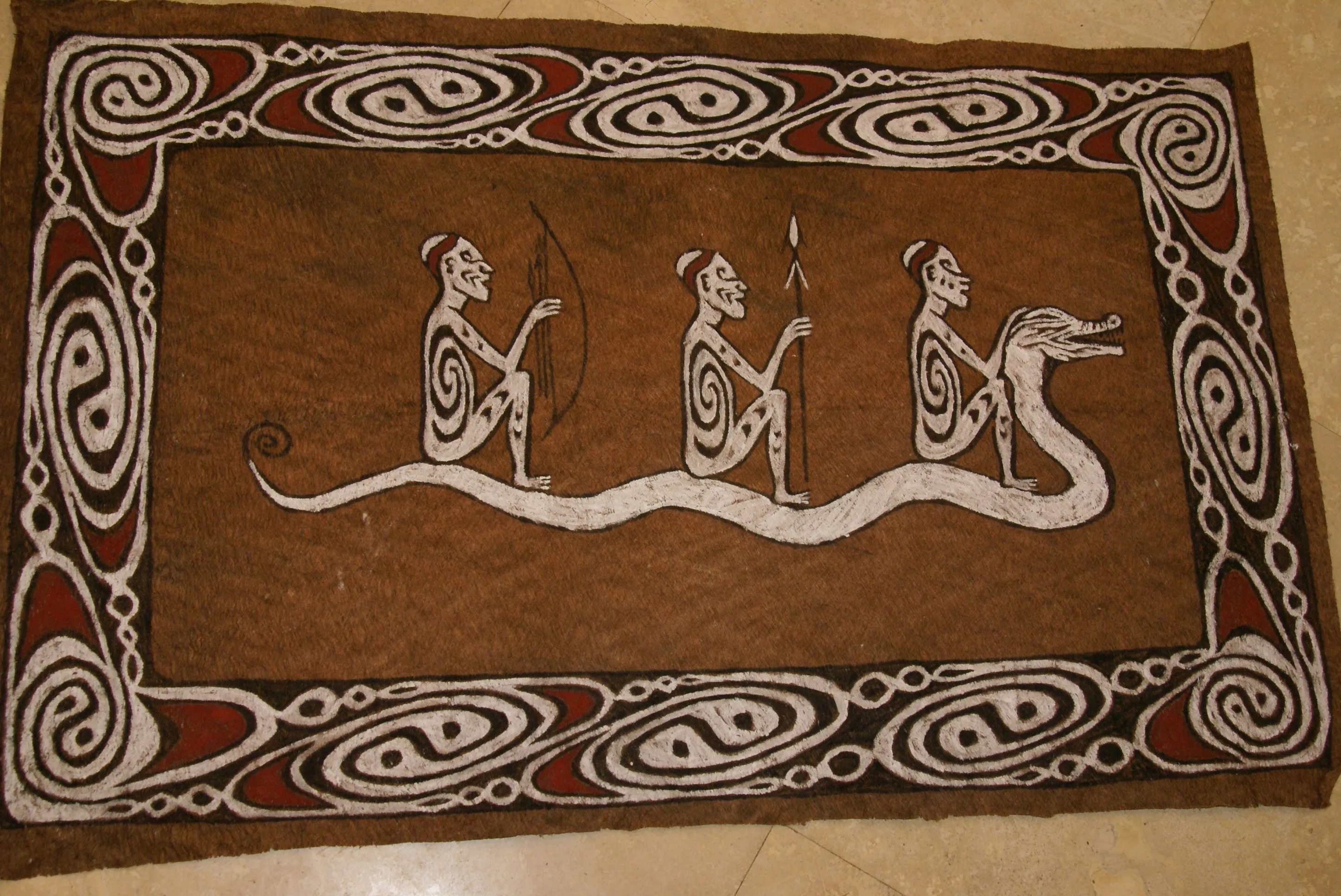 Rare Maro Tapa loin Bark Cloth (Kapa in Hawaii), from Lake Sentani, Irian Jaya, Papua New Guinea. Hand painted by a Tribal Artist with natural pigments: Spiritual Stylized Fish Motifs & waves 36 1/2" x 23" (no 8)