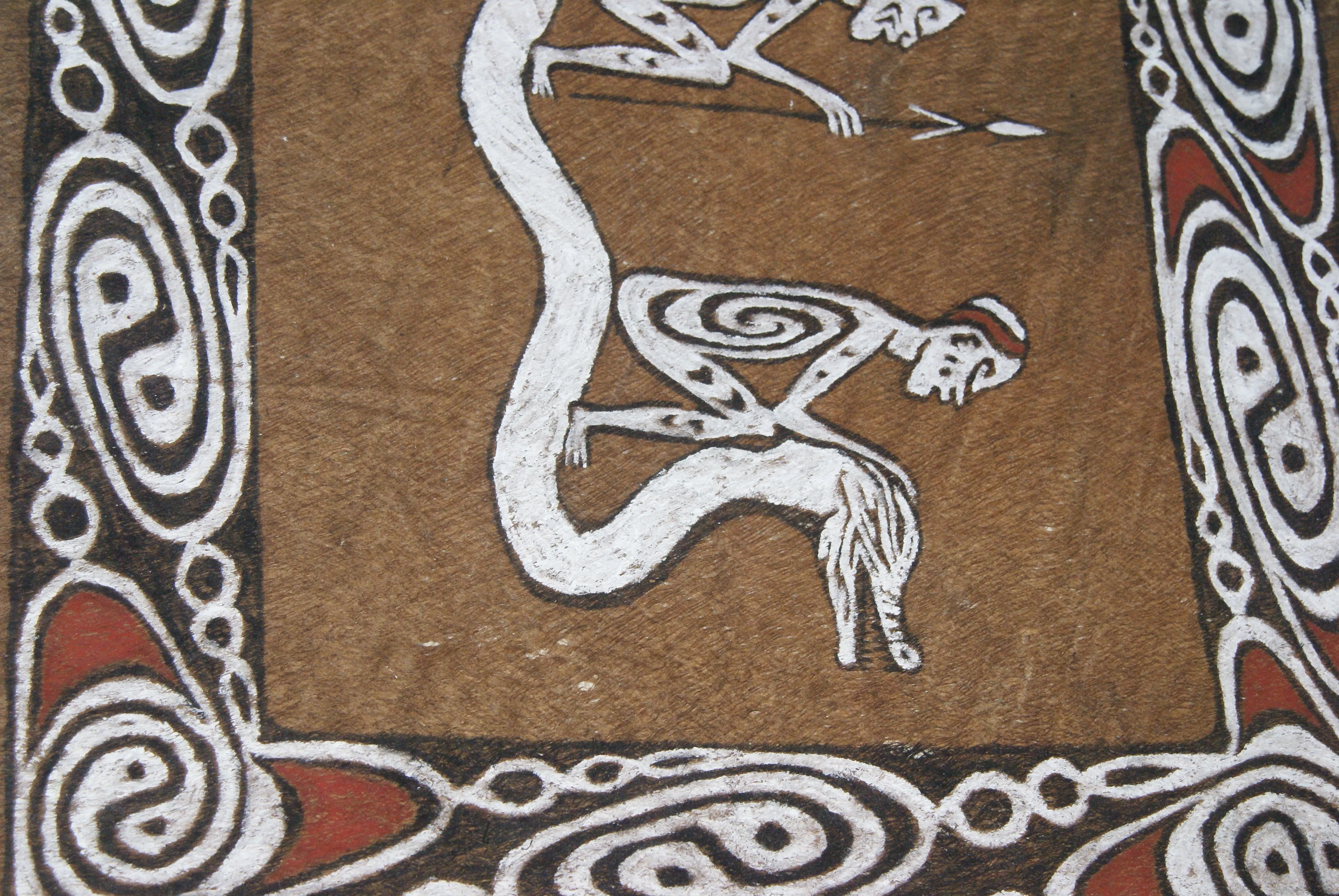 Rare Maro Tapa loin Bark Cloth (Kapa in Hawaii), from Lake Sentani, Irian Jaya, Papua New Guinea. Hand painted by a Tribal Artist with natural pigments: Spiritual Stylized Fish Motifs & waves 36 1/2" x 23" (no 8)