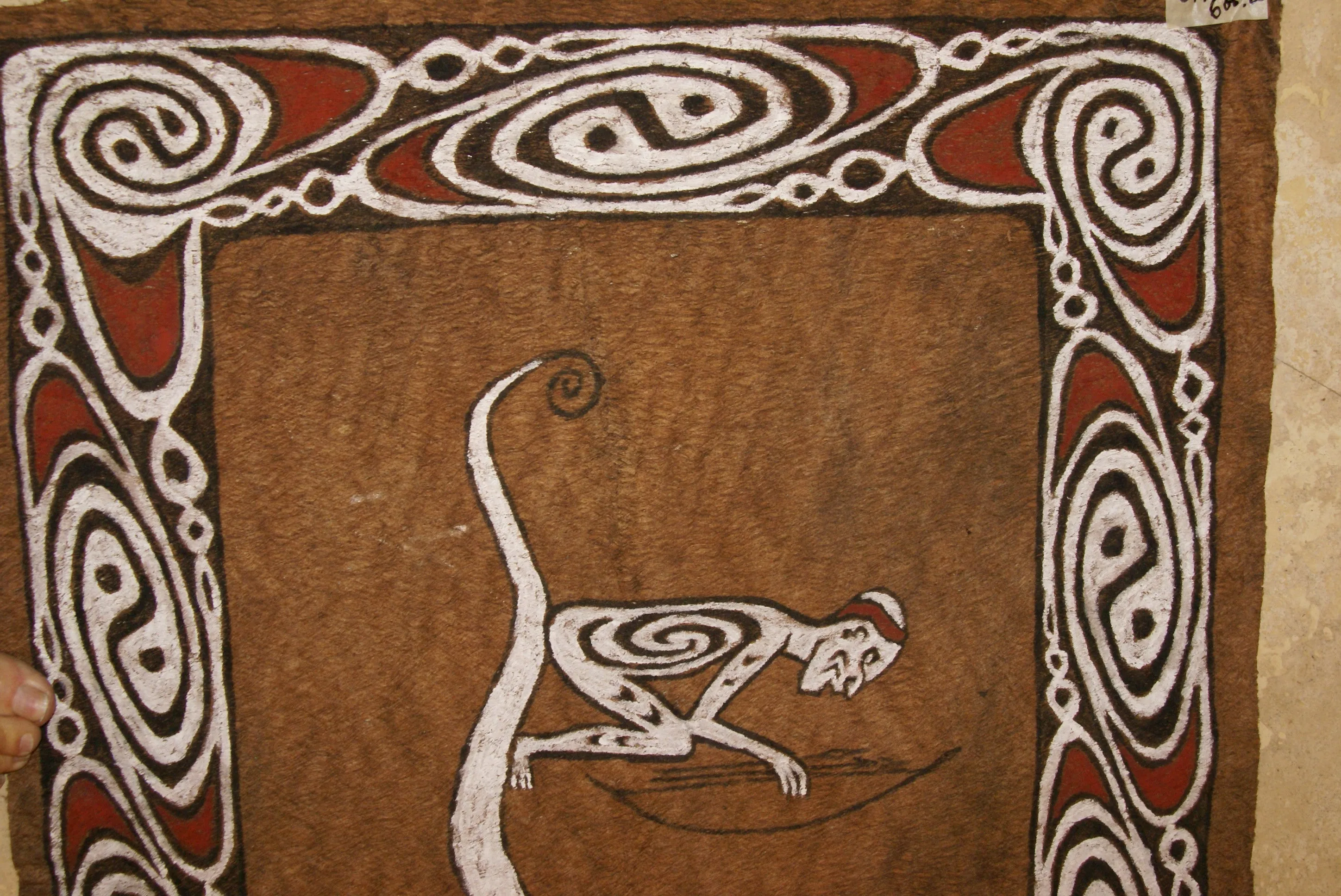 Rare Maro Tapa loin Bark Cloth (Kapa in Hawaii), from Lake Sentani, Irian Jaya, Papua New Guinea. Hand painted by a Tribal Artist with natural pigments: Spiritual Stylized Fish Motifs & waves 36 1/2" x 23" (no 8)