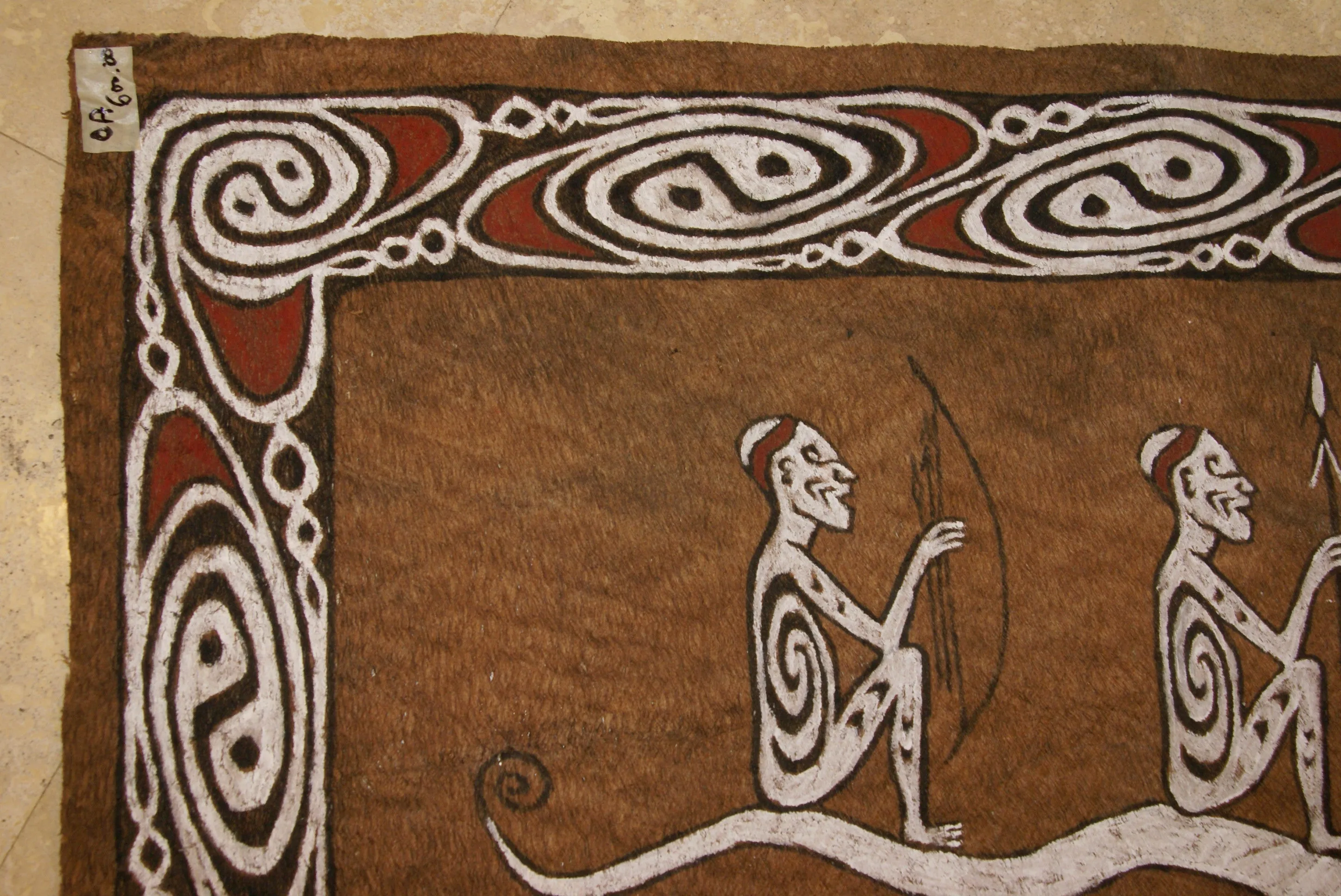 Rare Maro Tapa loin Bark Cloth (Kapa in Hawaii), from Lake Sentani, Irian Jaya, Papua New Guinea. Hand painted by a Tribal Artist with natural pigments: Spiritual Stylized Fish Motifs & waves 36 1/2" x 23" (no 8)