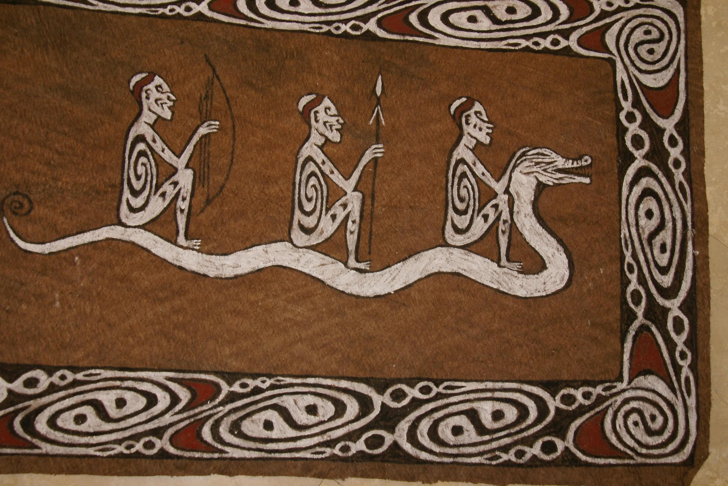 Rare Maro Tapa loin Bark Cloth (Kapa in Hawaii), from Lake Sentani, Irian Jaya, Papua New Guinea. Hand painted by a Tribal Artist with natural pigments: Spiritual Stylized Fish Motifs & waves 36 1/2" x 23" (no 8)