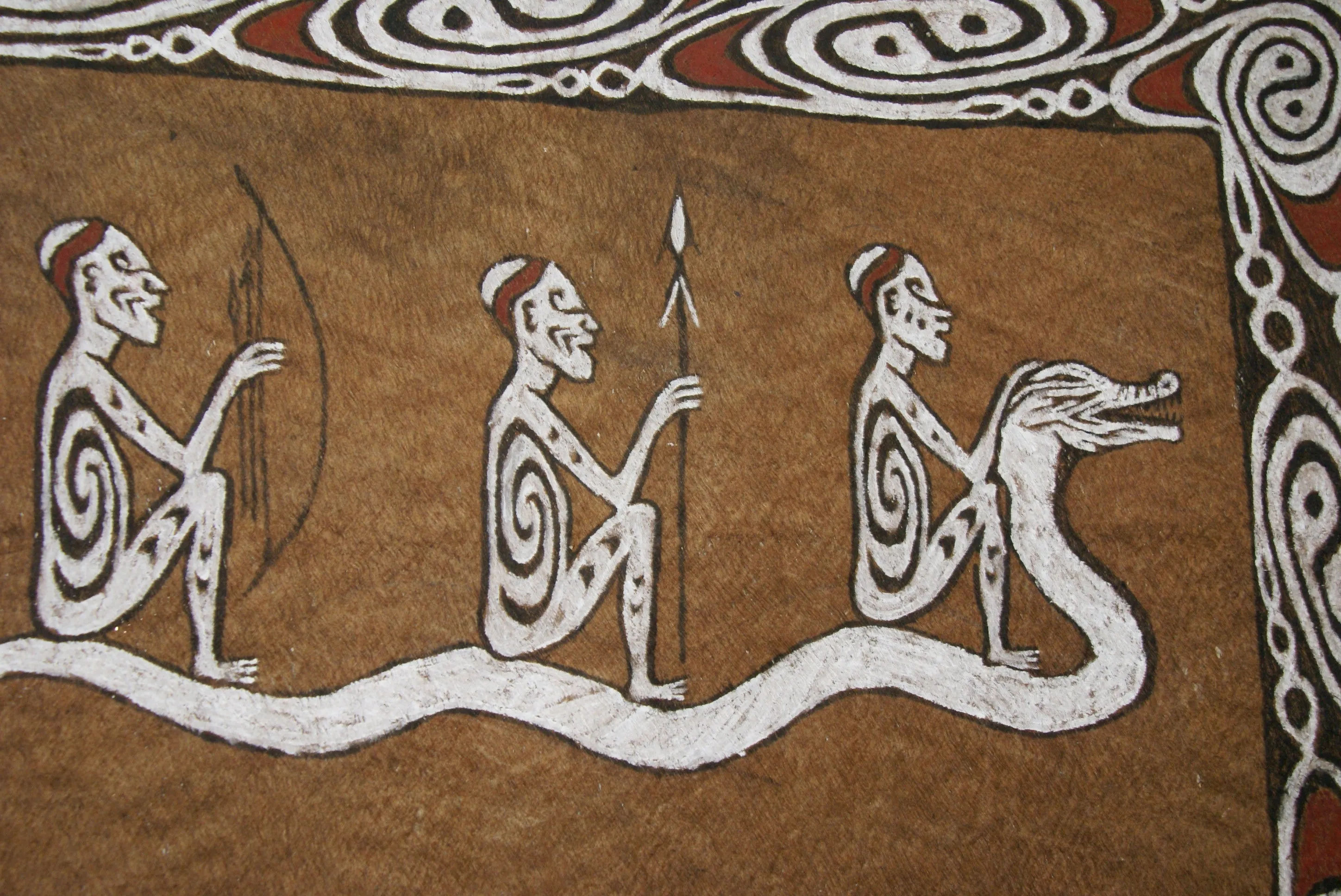 Rare Maro Tapa loin Bark Cloth (Kapa in Hawaii), from Lake Sentani, Irian Jaya, Papua New Guinea. Hand painted by a Tribal Artist with natural pigments: Spiritual Stylized Fish Motifs & waves 36 1/2" x 23" (no 8)