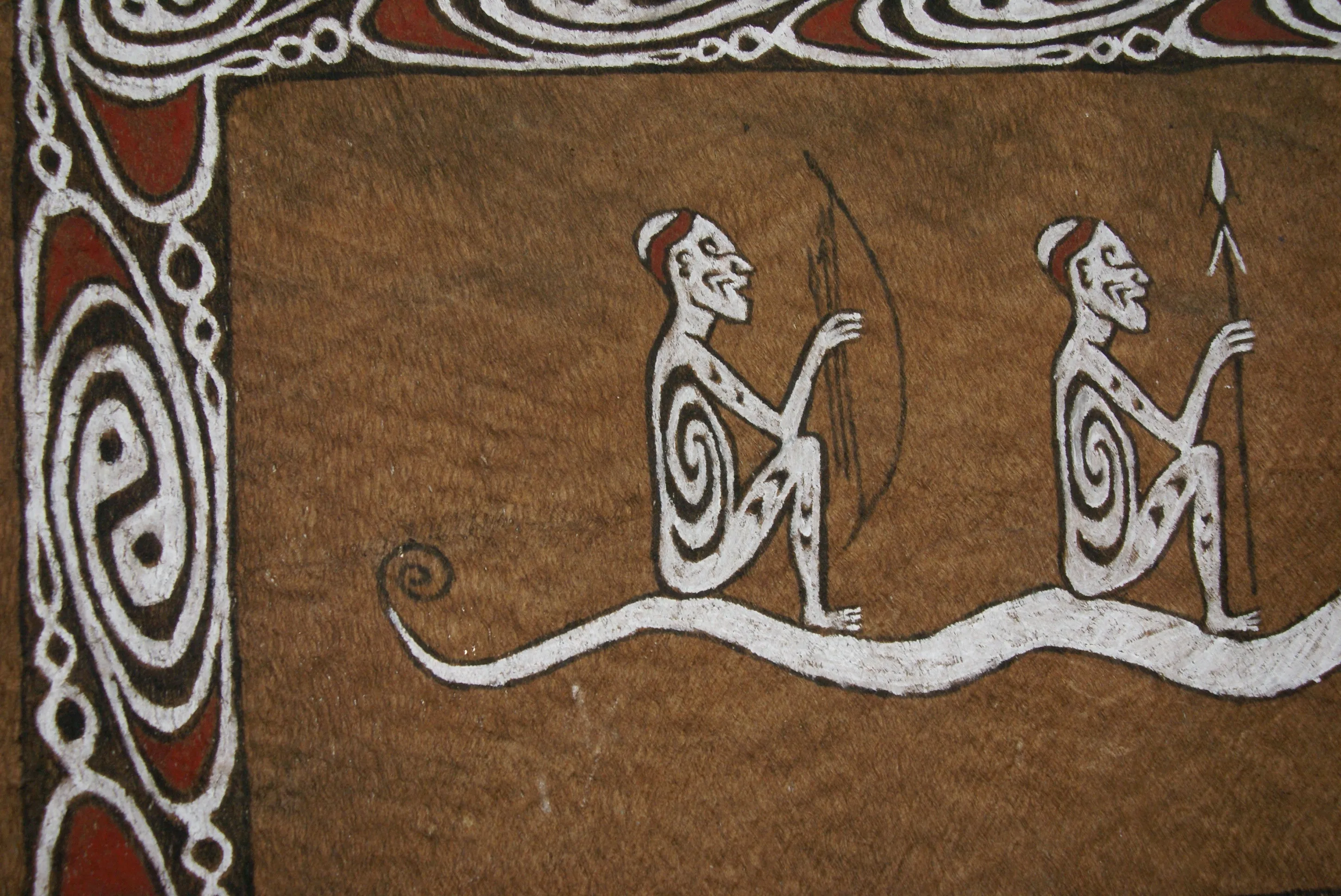 Rare Maro Tapa loin Bark Cloth (Kapa in Hawaii), from Lake Sentani, Irian Jaya, Papua New Guinea. Hand painted by a Tribal Artist with natural pigments: Spiritual Stylized Fish Motifs & waves 36 1/2" x 23" (no 8)