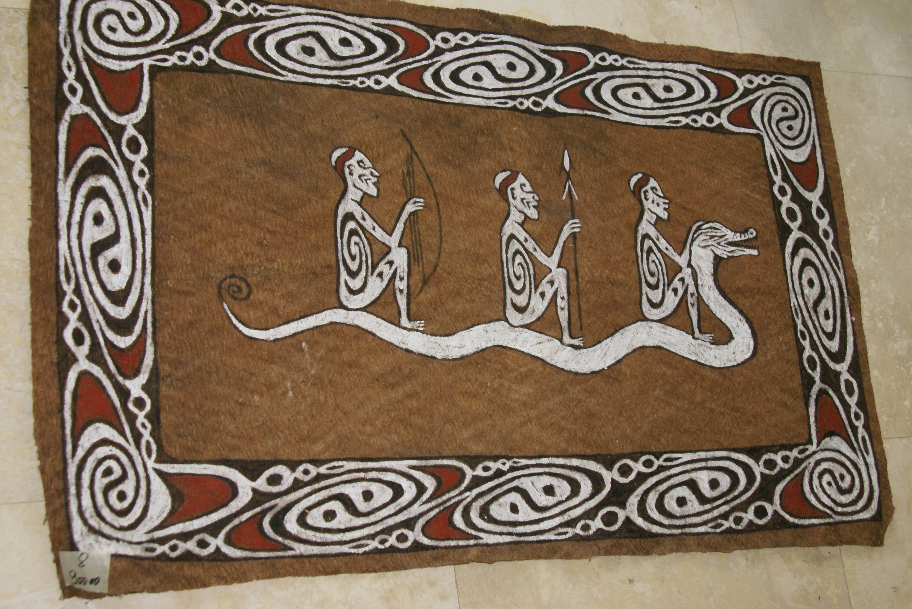 Rare Maro Tapa loin Bark Cloth (Kapa in Hawaii), from Lake Sentani, Irian Jaya, Papua New Guinea. Hand painted by a Tribal Artist with natural pigments: Spiritual Stylized Fish Motifs & waves 36 1/2" x 23" (no 8)