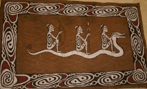 Rare Maro Tapa loin Bark Cloth (Kapa in Hawaii), from Lake Sentani, Irian Jaya, Papua New Guinea. Hand painted by a Tribal Artist with natural pigments: Spiritual Stylized Fish Motifs & waves 36 1/2" x 23" (no 8)