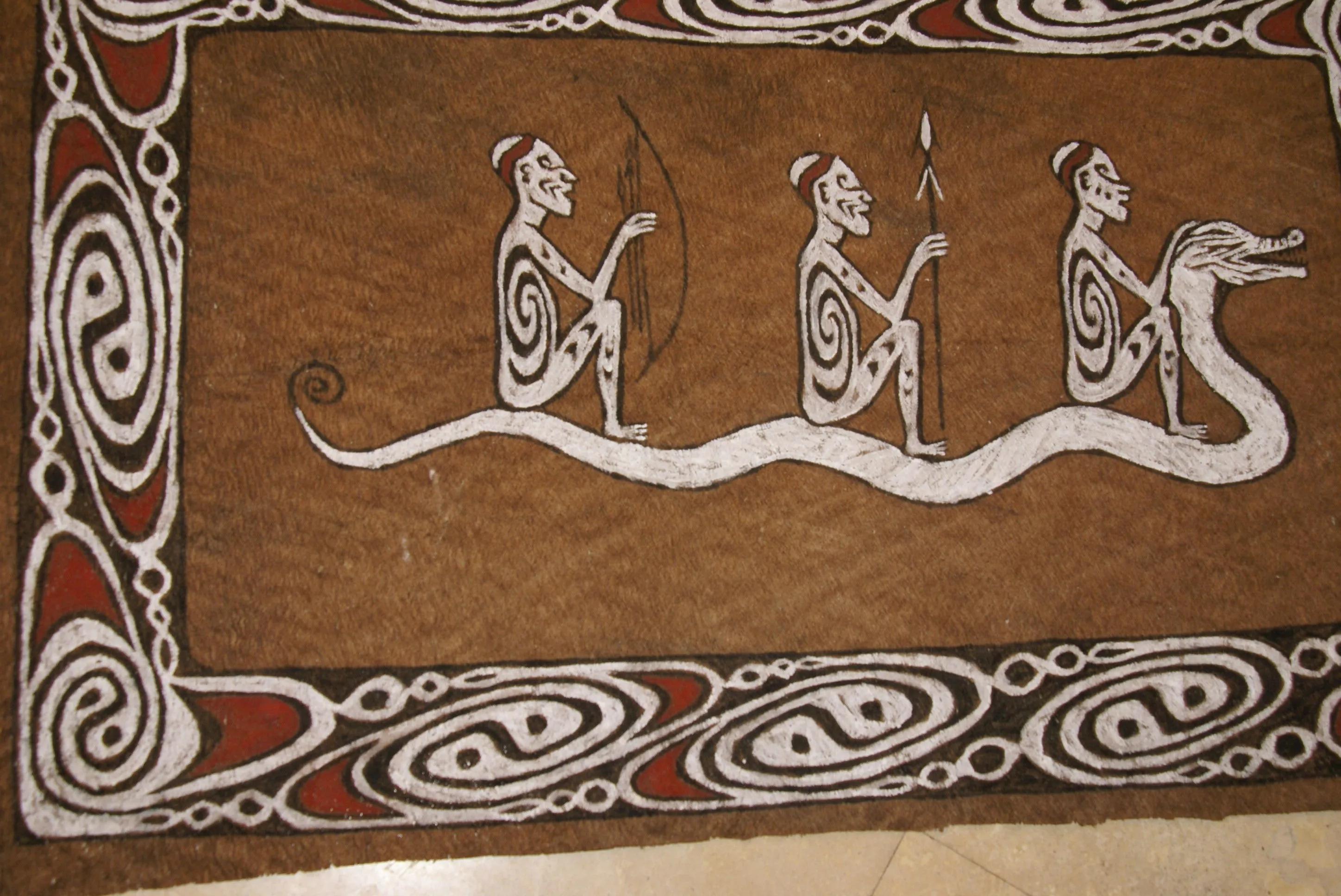 Rare Maro Tapa loin Bark Cloth (Kapa in Hawaii), from Lake Sentani, Irian Jaya, Papua New Guinea. Hand painted by a Tribal Artist with natural pigments: Spiritual Stylized Fish Motifs & waves 36 1/2" x 23" (no 8)
