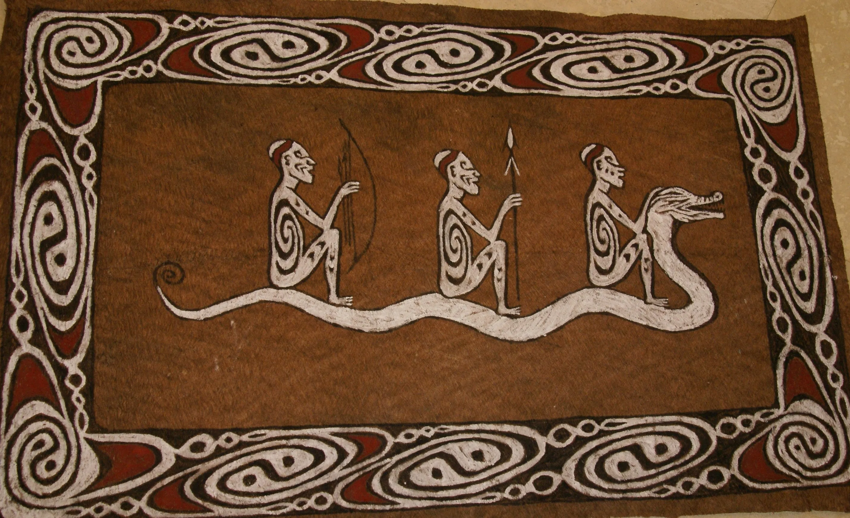 Rare Maro Tapa loin Bark Cloth (Kapa in Hawaii), from Lake Sentani, Irian Jaya, Papua New Guinea. Hand painted by a Tribal Artist with natural pigments: Spiritual Stylized Fish Motifs & waves 36 1/2" x 23" (no 8)