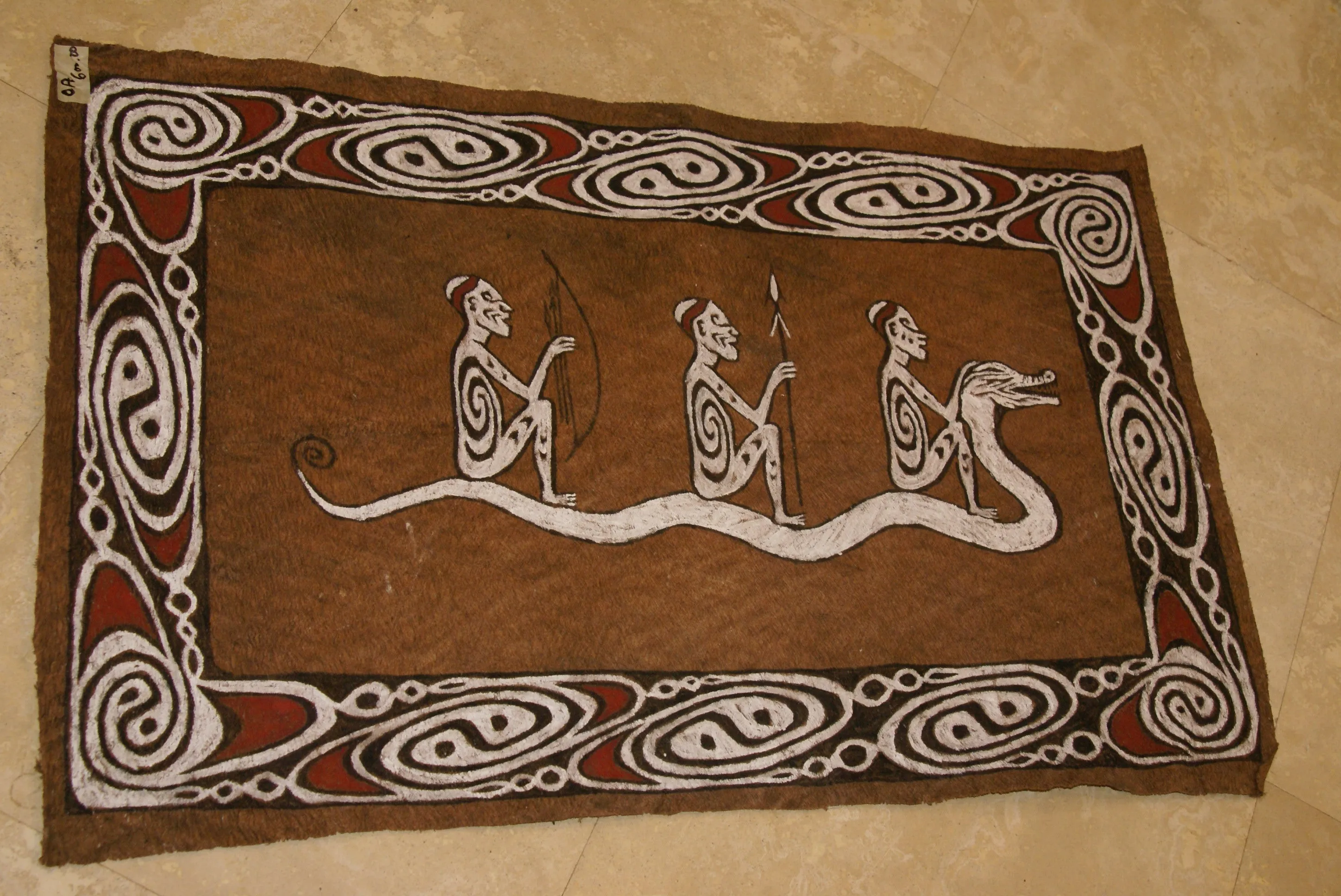Rare Maro Tapa loin Bark Cloth (Kapa in Hawaii), from Lake Sentani, Irian Jaya, Papua New Guinea. Hand painted by a Tribal Artist with natural pigments: Spiritual Stylized Fish Motifs & waves 36 1/2" x 23" (no 8)