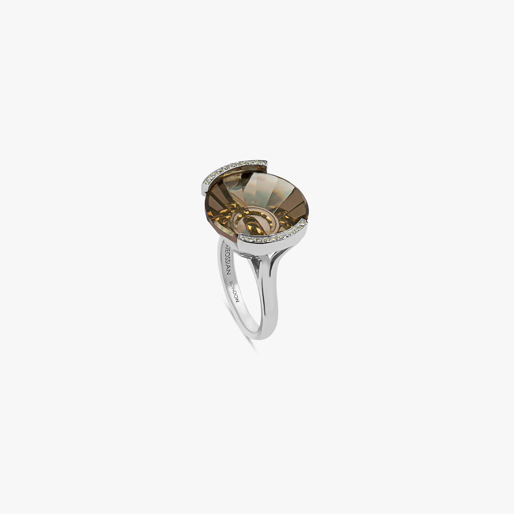 Rare Stone Ring with smokey quartz and white diamond in 18K white gold