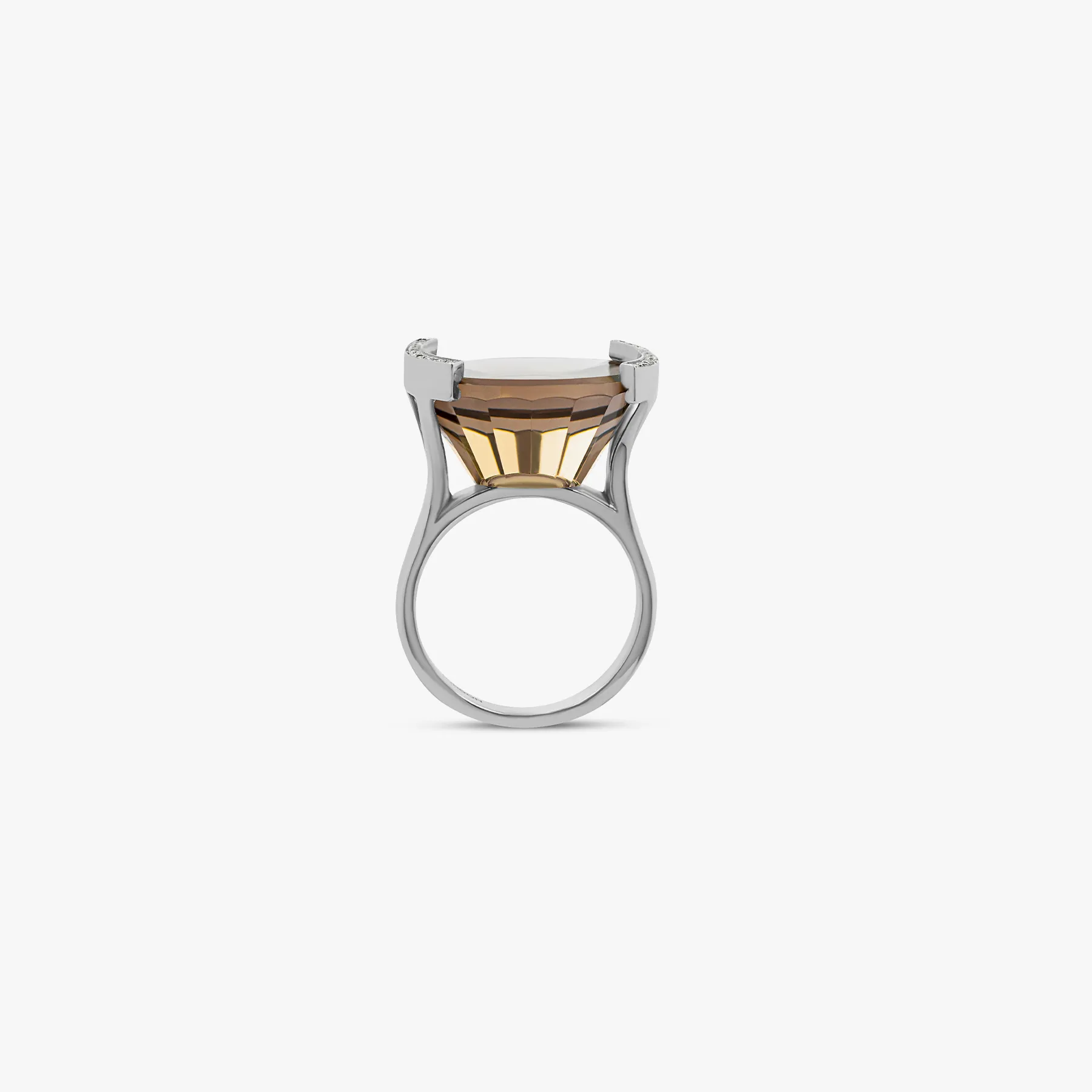 Rare Stone Ring with smokey quartz and white diamond in 18K white gold