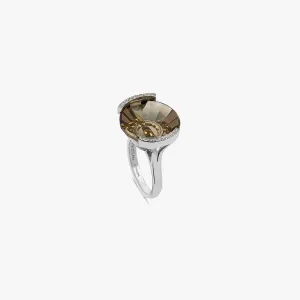 Rare Stone Ring with smokey quartz and white diamond in 18K white gold