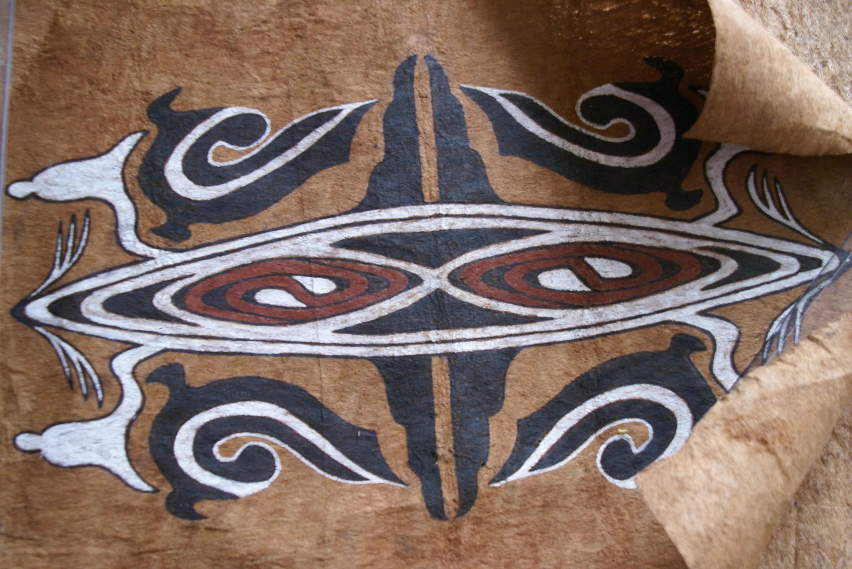 Rare Tapa Bark Cloth (Kapa in Hawaii), from Lake Sentani, Irian Jaya, Papua New Guinea. Hand painted by a Tribal Artist with natural pigments: Spiritual Stylized Shield Motifs 23" x 18" (no 13)