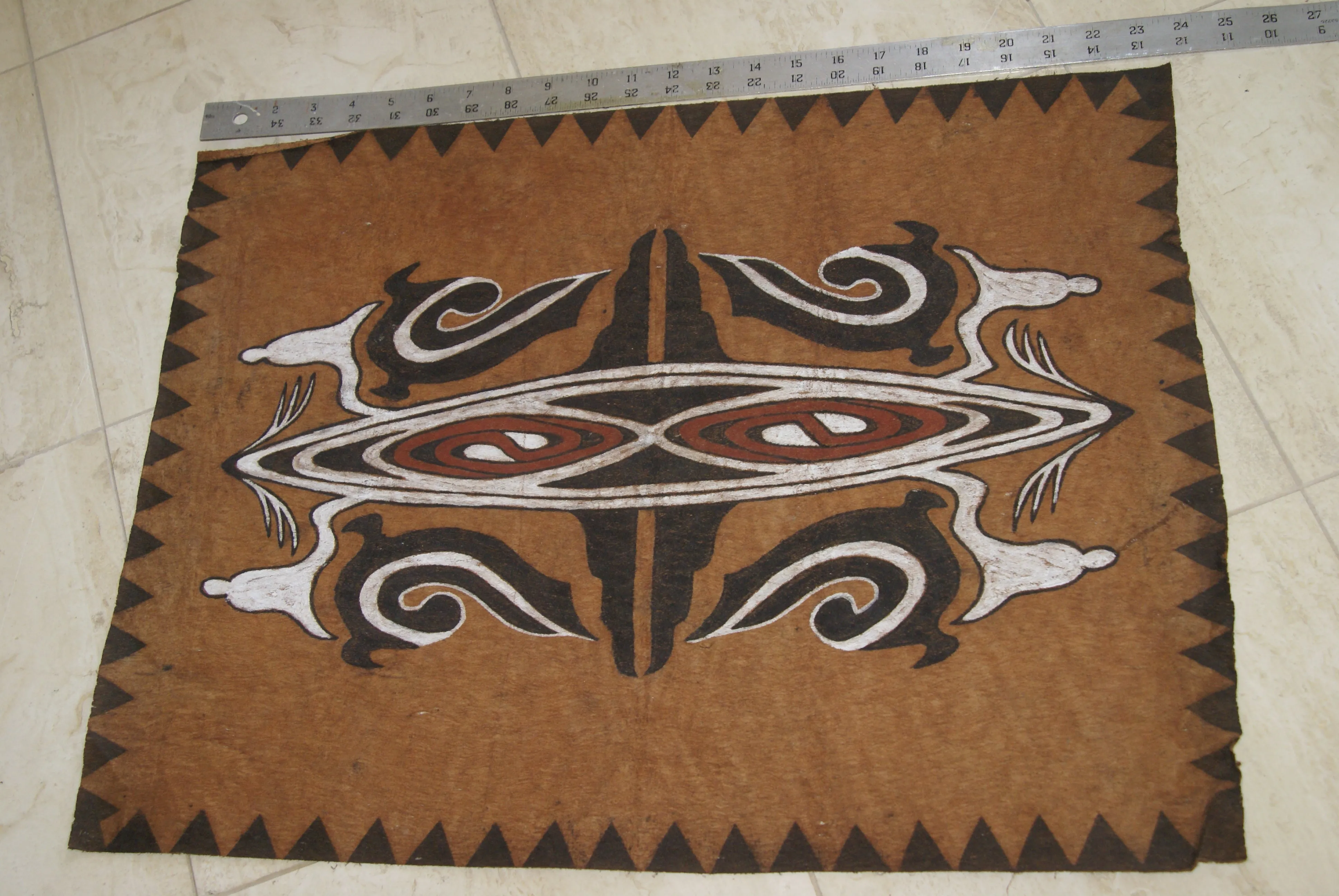 Rare Tapa Bark Cloth (Kapa in Hawaii), from Lake Sentani, Irian Jaya, Papua New Guinea. Hand painted by a Tribal Artist with natural pigments: Spiritual Stylized Shield Motifs 23" x 18" (no 13)