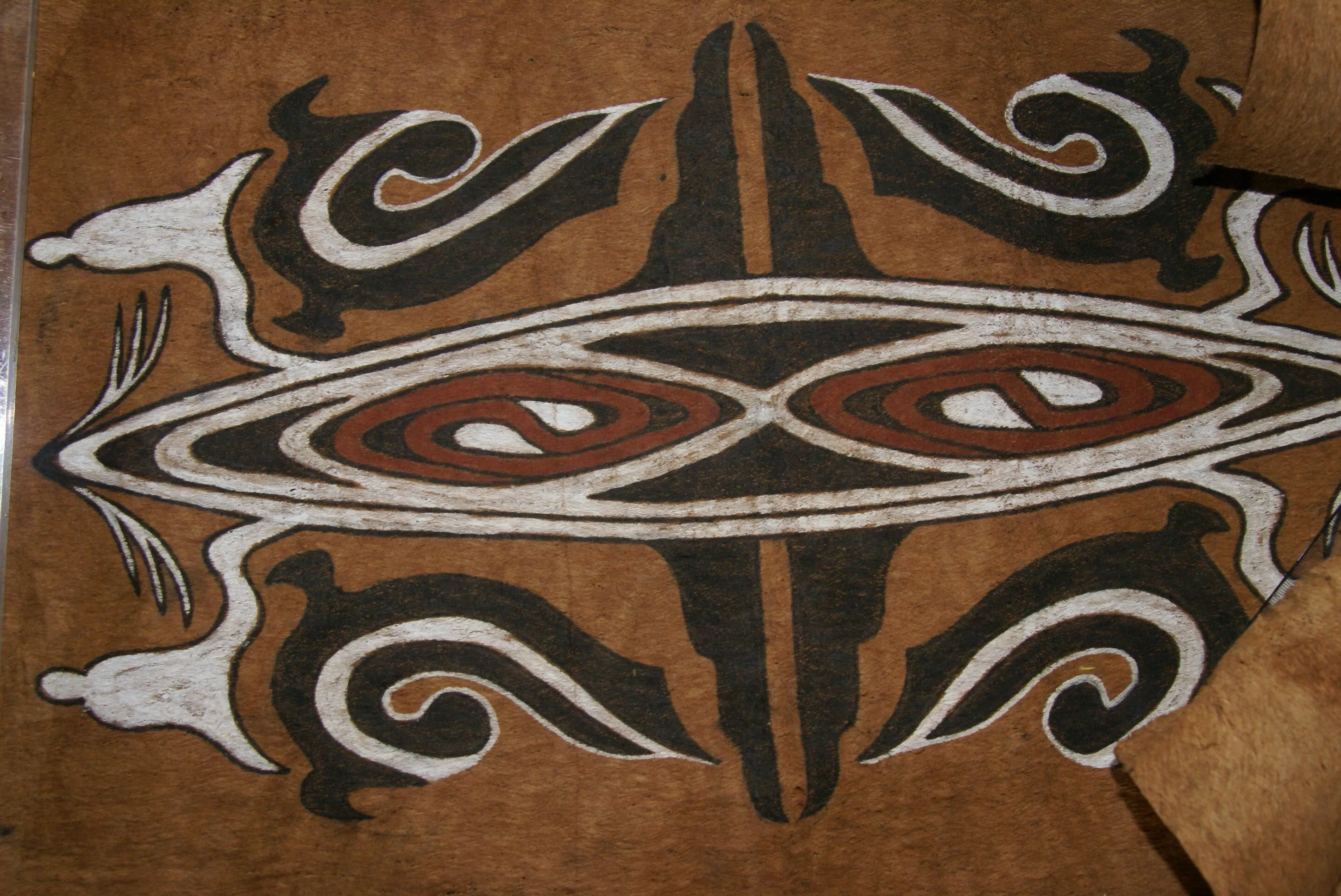 Rare Tapa Bark Cloth (Kapa in Hawaii), from Lake Sentani, Irian Jaya, Papua New Guinea. Hand painted by a Tribal Artist with natural pigments: Spiritual Stylized Shield Motifs 23" x 18" (no 13)