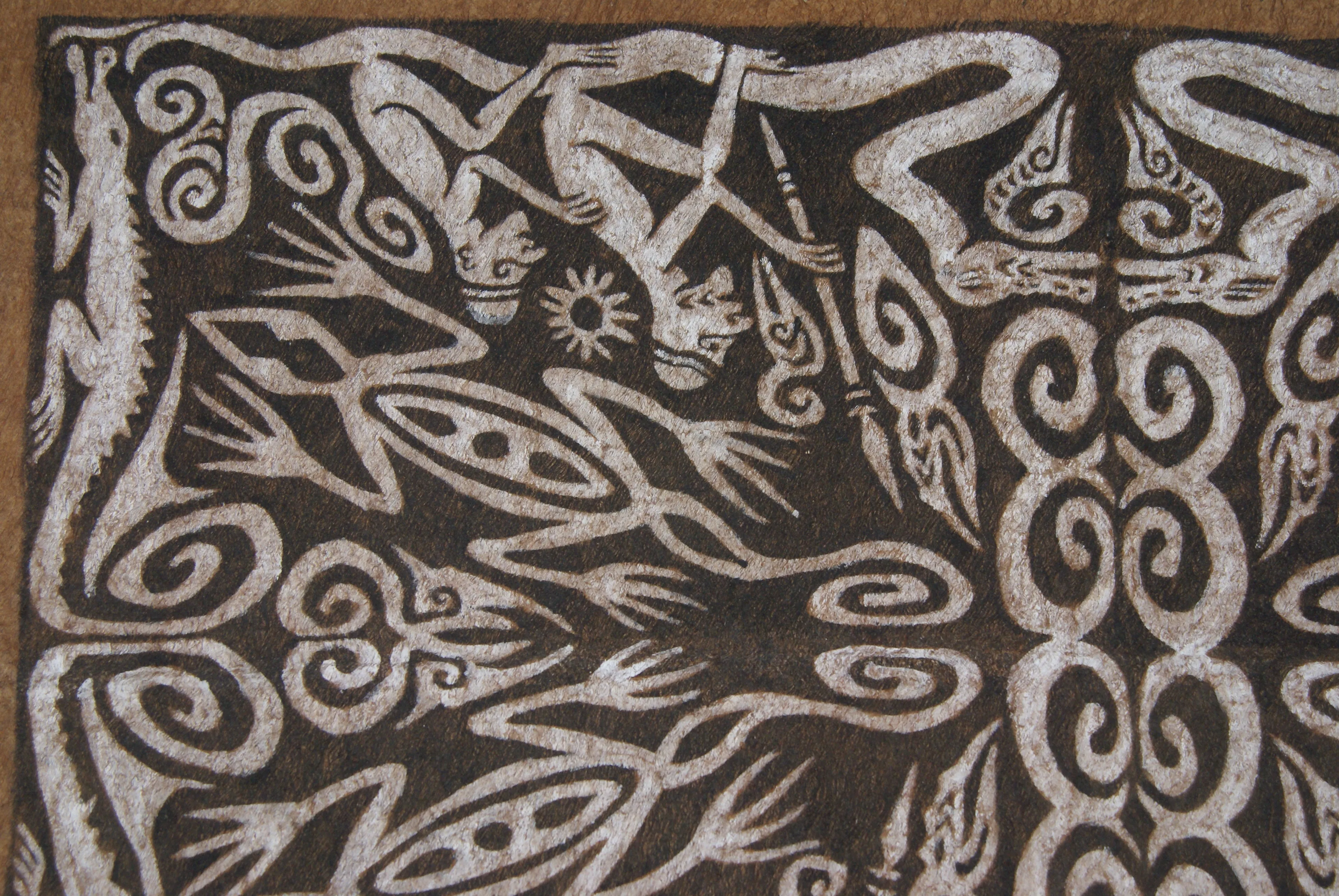 Rare Tapa Bark Cloth (Kapa in Hawaii), from Lake Sentani, Irian Jaya, Papua New Guinea. Hand painted by a Tribal Artist with natural pigments: Spiritual Stylized Warrior Weapons, Snakes, Crocodiles, Gecko Motifs & waves 30 1/2" x 20" (no 9)