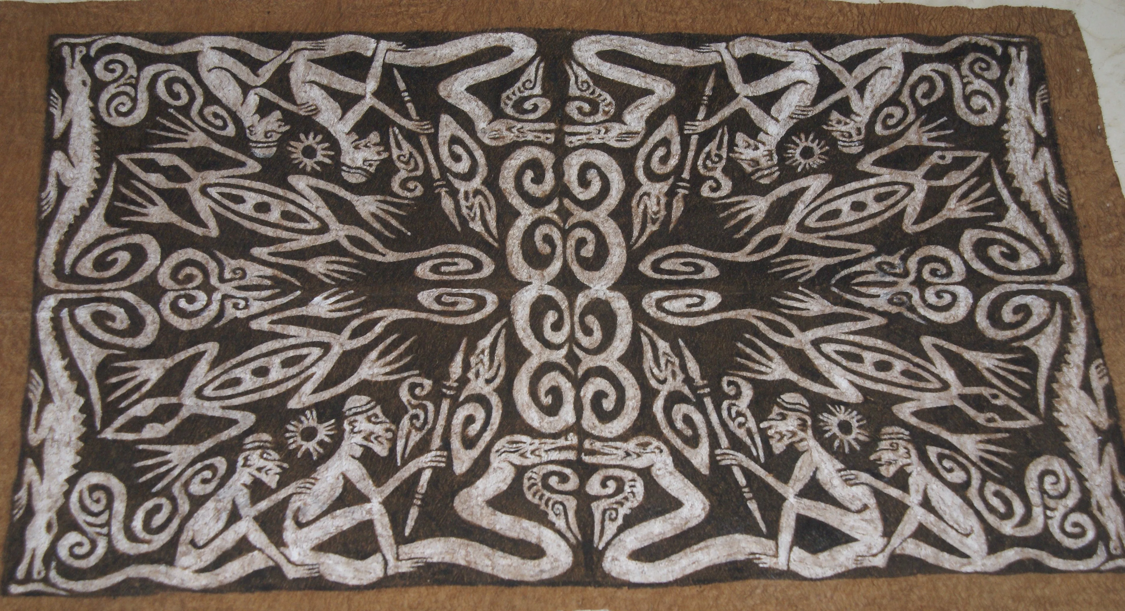 Rare Tapa Bark Cloth (Kapa in Hawaii), from Lake Sentani, Irian Jaya, Papua New Guinea. Hand painted by a Tribal Artist with natural pigments: Spiritual Stylized Warrior Weapons, Snakes, Crocodiles, Gecko Motifs & waves 30 1/2" x 20" (no 9)