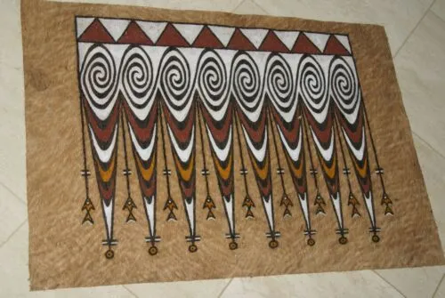 Rare Tapa Kapa Bark Cloth (Called Kapa in Hawaii), from Lake Sentani, Irian Jaya, Papua New Guinea. Hand painted with natural pigments by a Tribal Artist: Abstract Geometric Stylized Fish Motifs 28.5" x 20.5" Item no 1