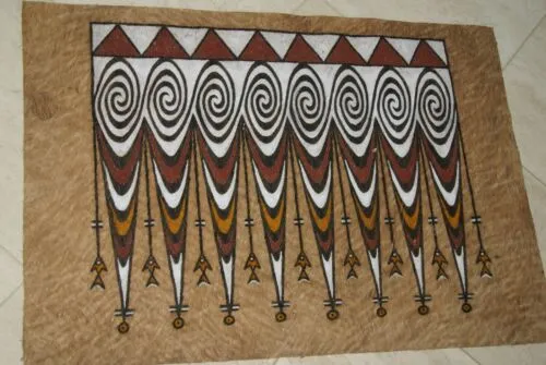 Rare Tapa Kapa Bark Cloth (Called Kapa in Hawaii), from Lake Sentani, Irian Jaya, Papua New Guinea. Hand painted with natural pigments by a Tribal Artist: Abstract Geometric Stylized Fish Motifs 28.5" x 20.5" Item no 1