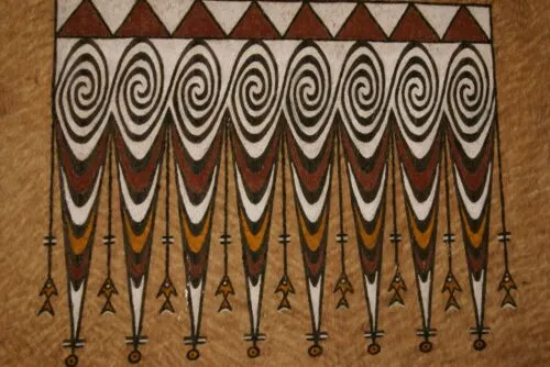 Rare Tapa Kapa Bark Cloth (Called Kapa in Hawaii), from Lake Sentani, Irian Jaya, Papua New Guinea. Hand painted with natural pigments by a Tribal Artist: Abstract Geometric Stylized Fish Motifs 28.5" x 20.5" Item no 1