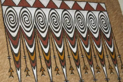 Rare Tapa Kapa Bark Cloth (Called Kapa in Hawaii), from Lake Sentani, Irian Jaya, Papua New Guinea. Hand painted with natural pigments by a Tribal Artist: Abstract Geometric Stylized Fish Motifs 28.5" x 20.5" Item no 1