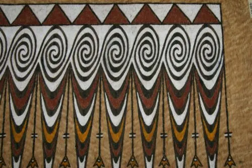 Rare Tapa Kapa Bark Cloth (Called Kapa in Hawaii), from Lake Sentani, Irian Jaya, Papua New Guinea. Hand painted with natural pigments by a Tribal Artist: Abstract Geometric Stylized Fish Motifs 28.5" x 20.5" Item no 1